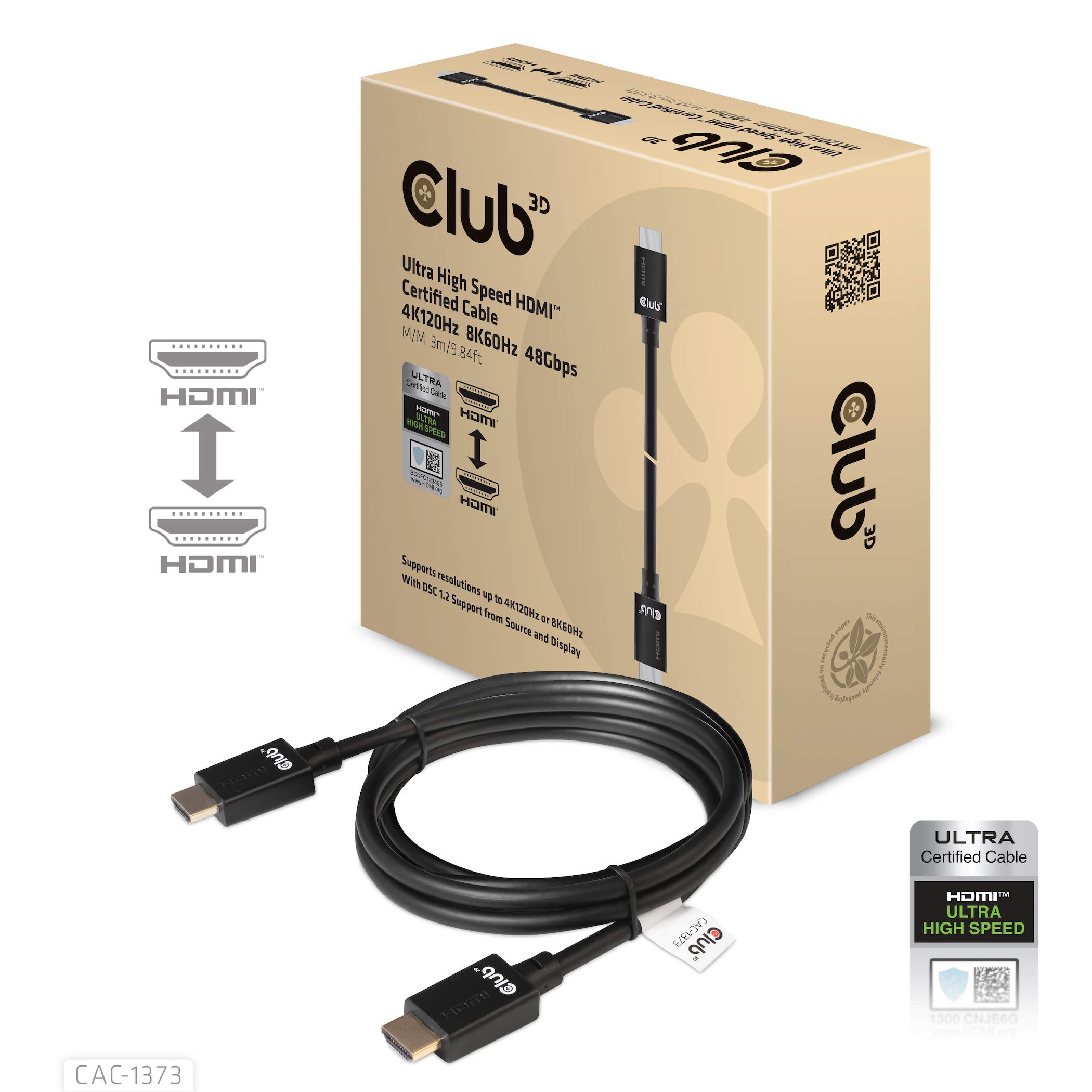 Club3D HDMI 2.1 4K120サイクル 8K60サイクル 48Gbps Male/Male 3m 26AWG Ultra High Speed Cable ウルトラ ハイスピード 允許 有線テレビ (CAC-1373)