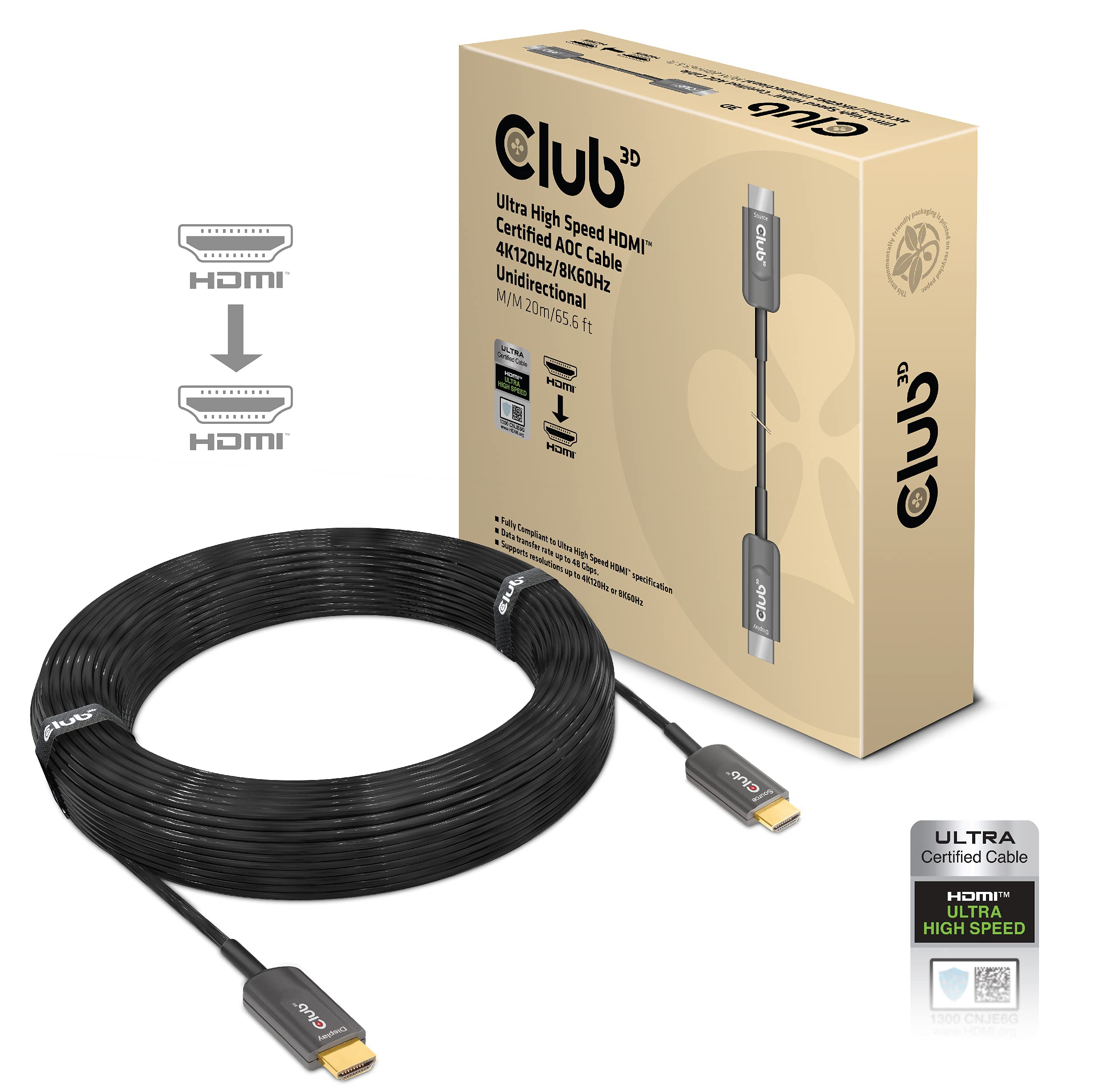 Club3D HDMI 2.1 4K120サイクル 48Gbps Male/Male 20m 26AWG Active Optical Cable 活動的 光学的 公許 有線テレビ (CAC-1379)