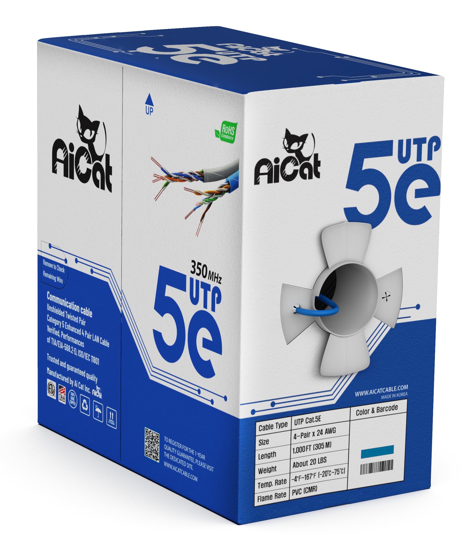 AiCat（エーアイキャット） Cat5e（種別5e）イーサネットケーブル300m、CMR-ファストリール付き添い人不成立固形体裸銅線Cat5e 有線テレビ、24 AWG、ETL - 350MHZ/ギガビット迅速さ 非遮蔽物UTPネットワー スマートフォン・タブレット-スマートフォン・携帯電話アクセサリー-ケース・カバー