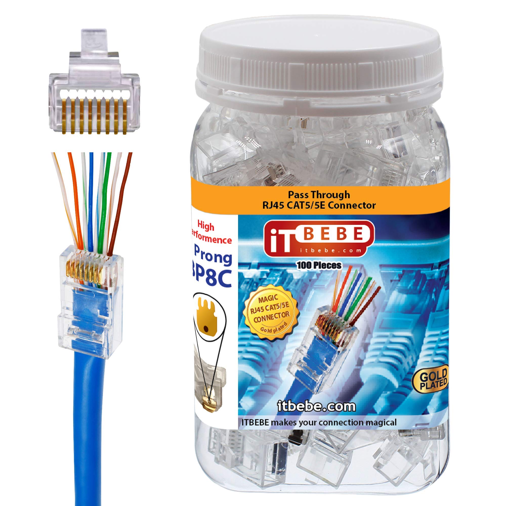 ITBEBE RJ45 パススルーコネクター Cat5/Cat5e 相応う ? 100個入 | ローカルエリアネットワーク有線テレビ用モジュラープラグ | 24K金メッキ | 飾り気の無いDIY網状組織組み上げる