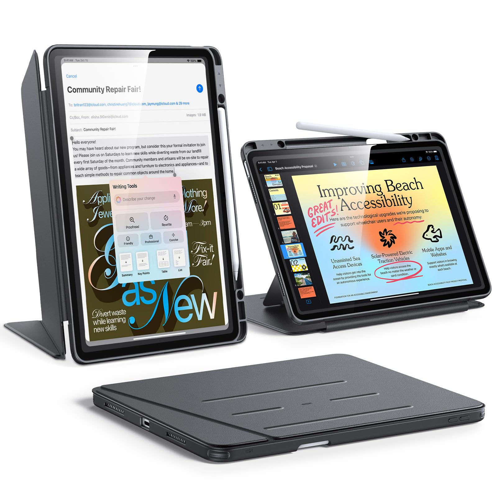 ESR iPad Air 13インチ ケース (M3/M2、2025/2024) ペン収納 耐衝撃 縦横スタンド 自動ウェイク/スリープ Pencil Pro/USB-C ワイヤレス充電対応 マルチアングルケース Flipシリーズ ブラック 8,758円