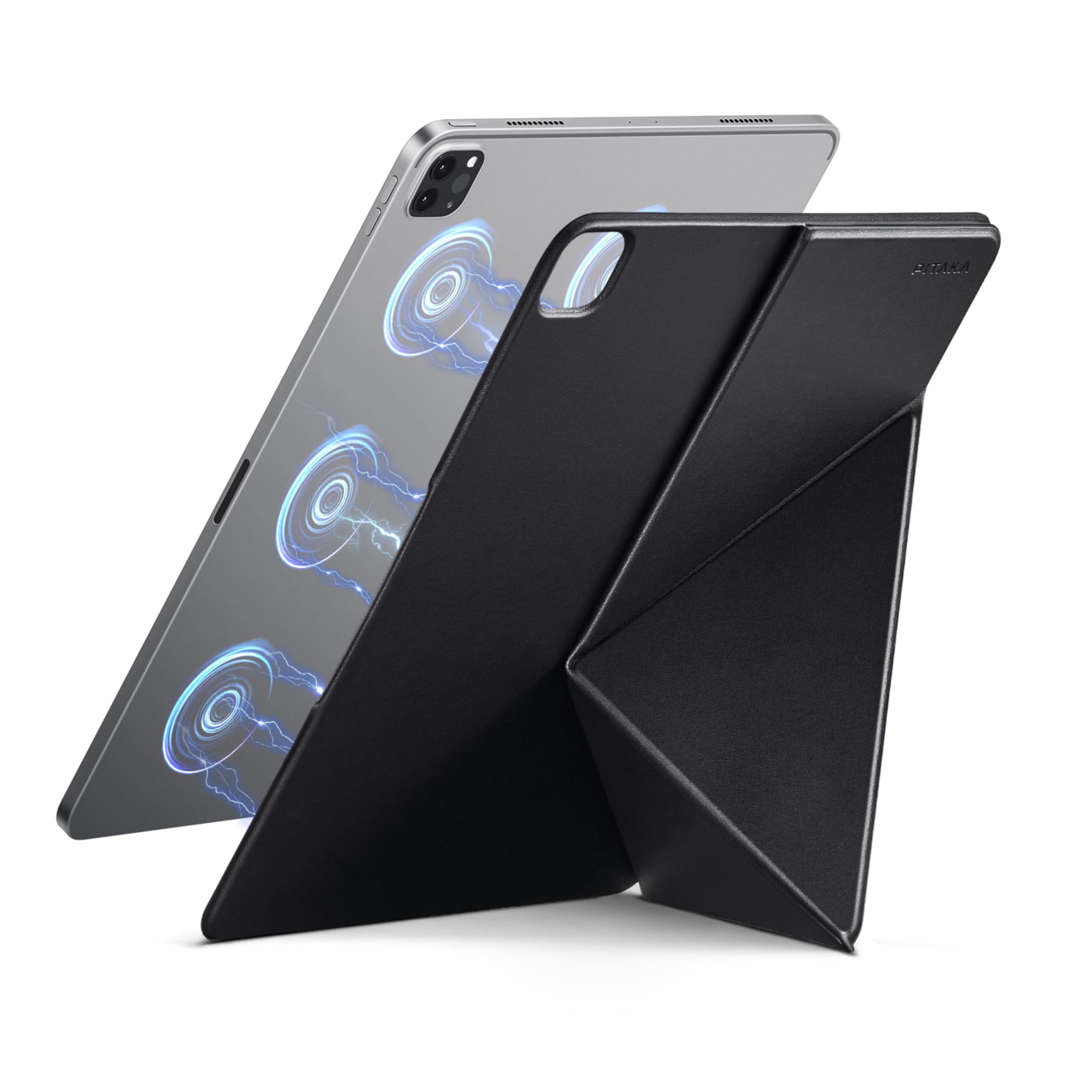 PITAKA iPad Air 13in 入れもの(M3/M2、2025/2024)、iPad Pro 12.9in 2018-2022 横置＆縦置 経口避妊薬照明ランプ 磁気ねばり着く 軽さ 極薄 ぼうぜん自失防御すること 折りたたみ 角度自然調整能力のある ３角形の社会システム 安定した感 iPadスタン