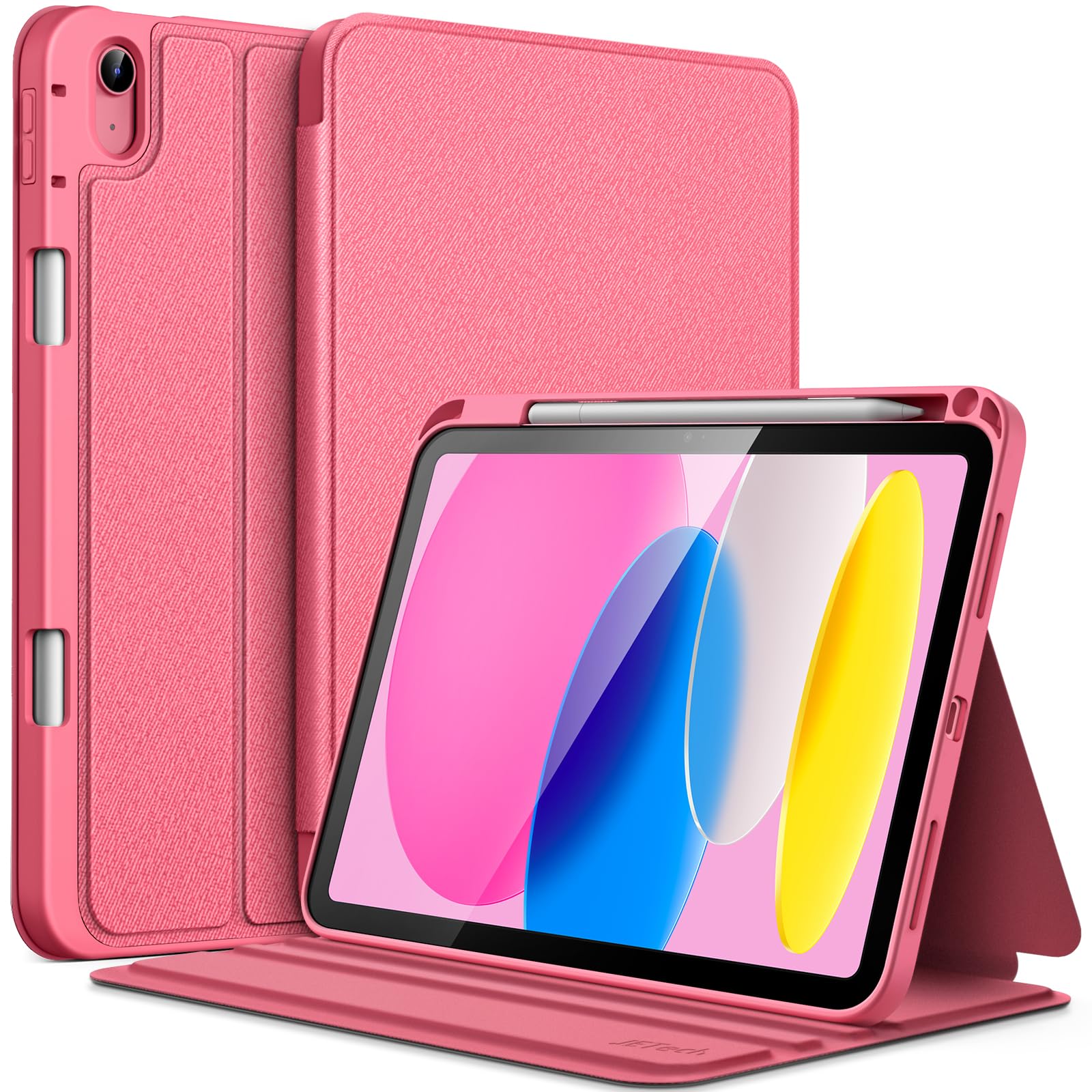JETech iPad(A16)ケース 第11/10世代(2025/2022モデル)用Pencilホルダー付き スリムフォリオスタンド保護タブレットカバー マルチアングルの視聴 (ピンク)