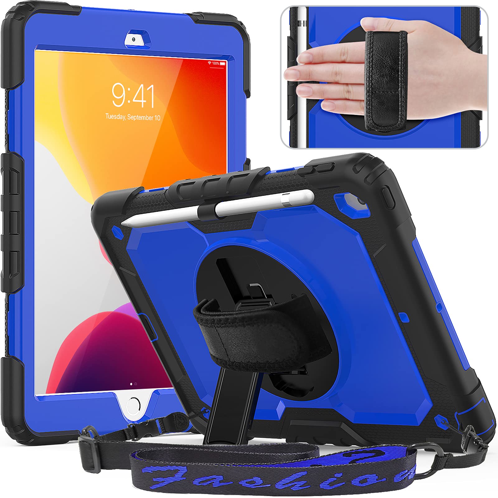 Timecity iPad 10.2 ケース 耐衝撃 iPad 第9世代/第8世代/第7世代 ケース (2021/2020/2019型) 保護フィルム付き 360度回転の折り畳みスタンド ペン収納 肩紐 ハンドストラップ付き 頑丈 落下防止 使い勝手|T.M.Bストア