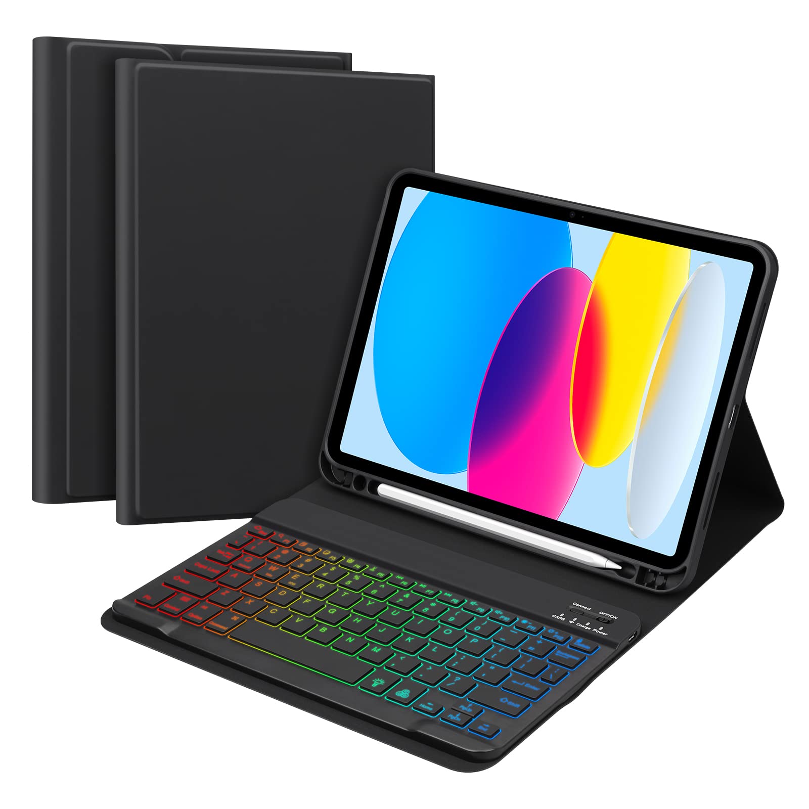 iPad 第10世代 キーボード ケース GOOJODOQ (2022) iPad 10 ケース 7色バックライト付き ワイヤレス キーボード カバー iPad 10th 10.9インチ専用ケース 脱着式 ペンホルダー付き スタンド機能 オートス