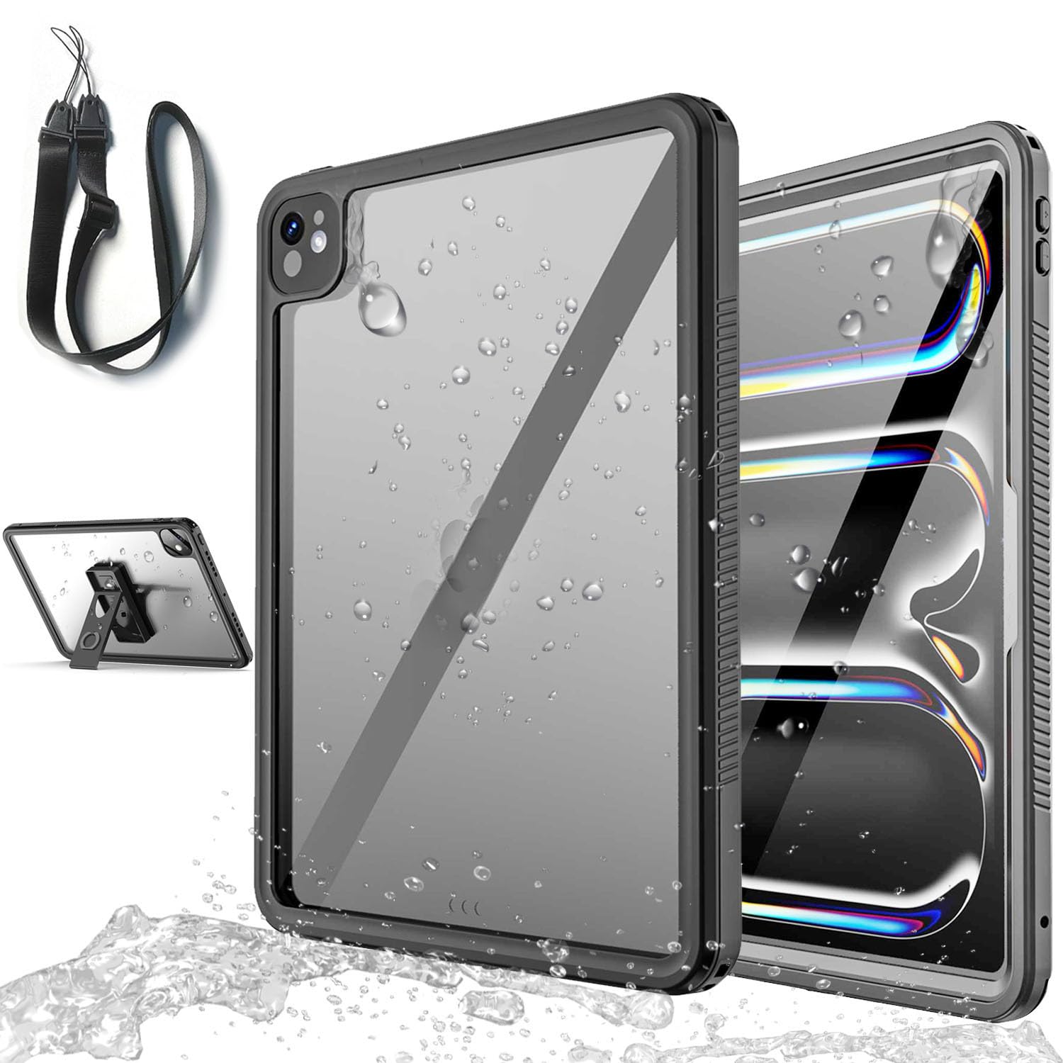 Ayoii 昇級版 iPad Pro 13 M4 防水ケース(2024) iPad Pro 13 第7世代 防水ケース アイパッドカバー IP68防水規格 軽量 型 耐衝撃 水場 全面保護 安心感 スタンド機能 ストラップ付き アウトドア お風呂 キ