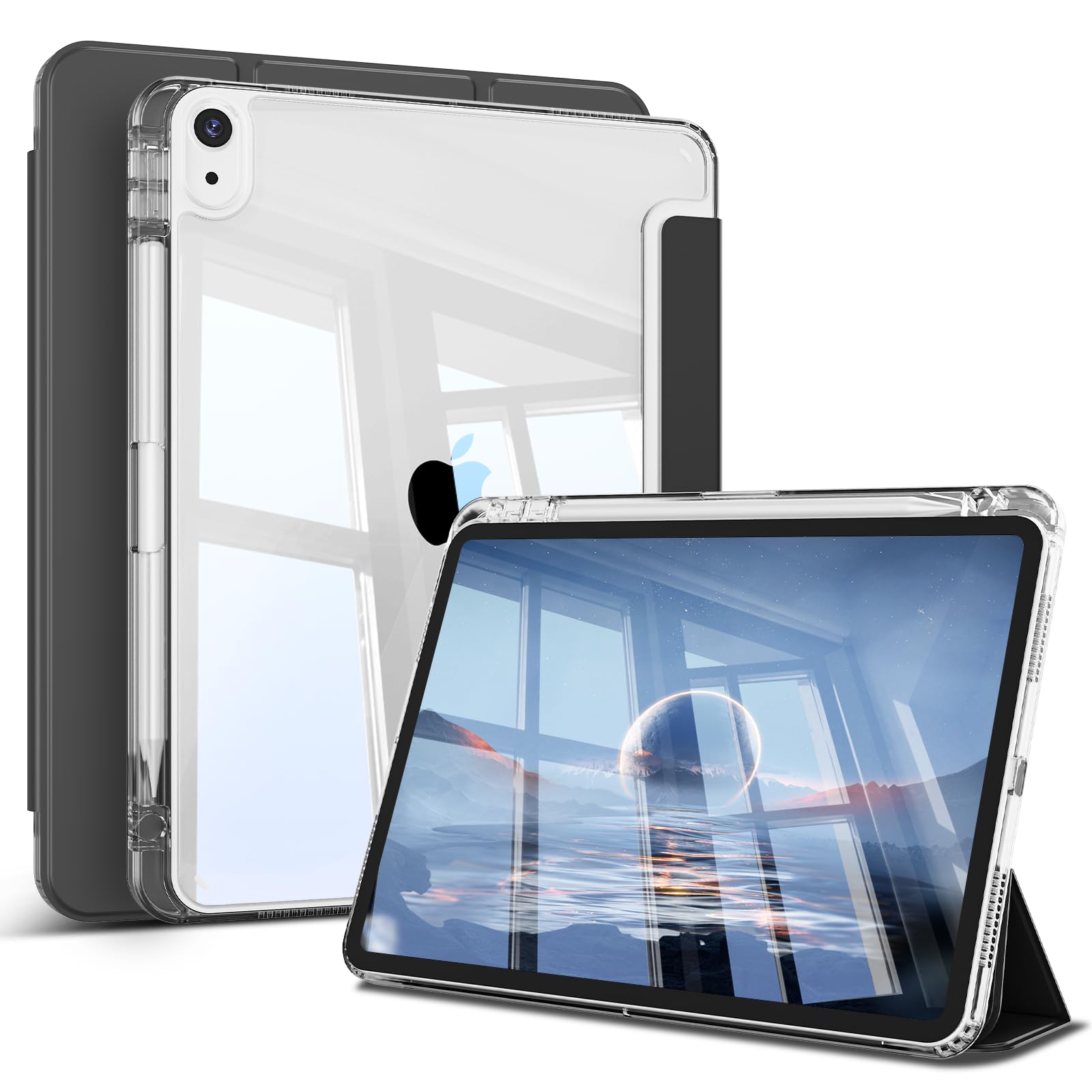zoyu iPad Air 11インチ ケース 2025/2024 M3/M2 iPad Air 5/4 10.9インチ ケース 2022/2020 透明バックカバー ペンシル収納可能 Pencilワイヤレス充電対応 三つ折り スタンド オートスリープ機能 軽量 薄型 耐