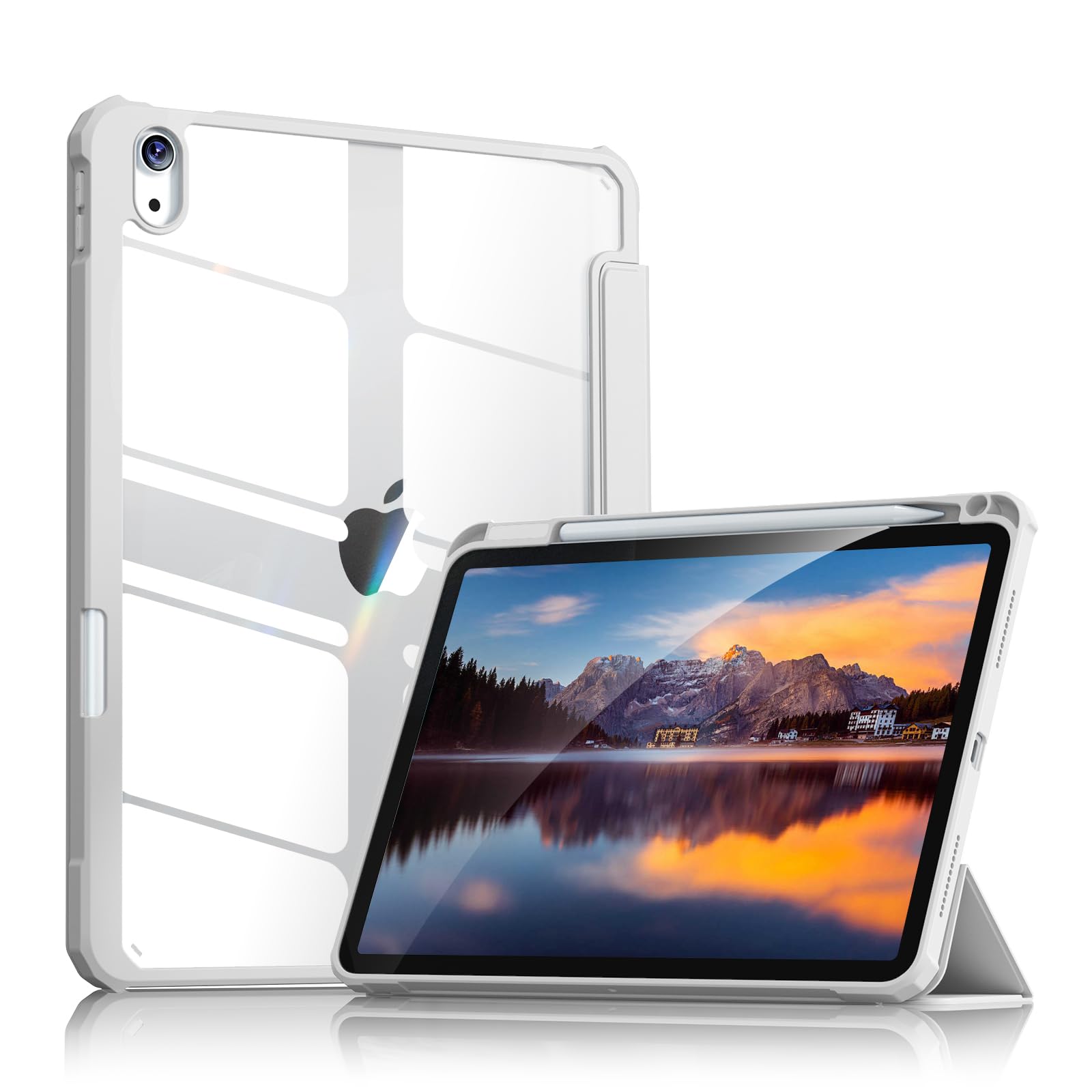 Aoub iPad 11世代 (A16) 10世代 ケース iPad ケース 第10世代 2022 10.9 インチ 透明バックカバー ペンシル 収納可能 三つ折スタンド スリープ機能 軽量 薄型 傷つけ防止 TPUフレーム PU合成レザー グレ