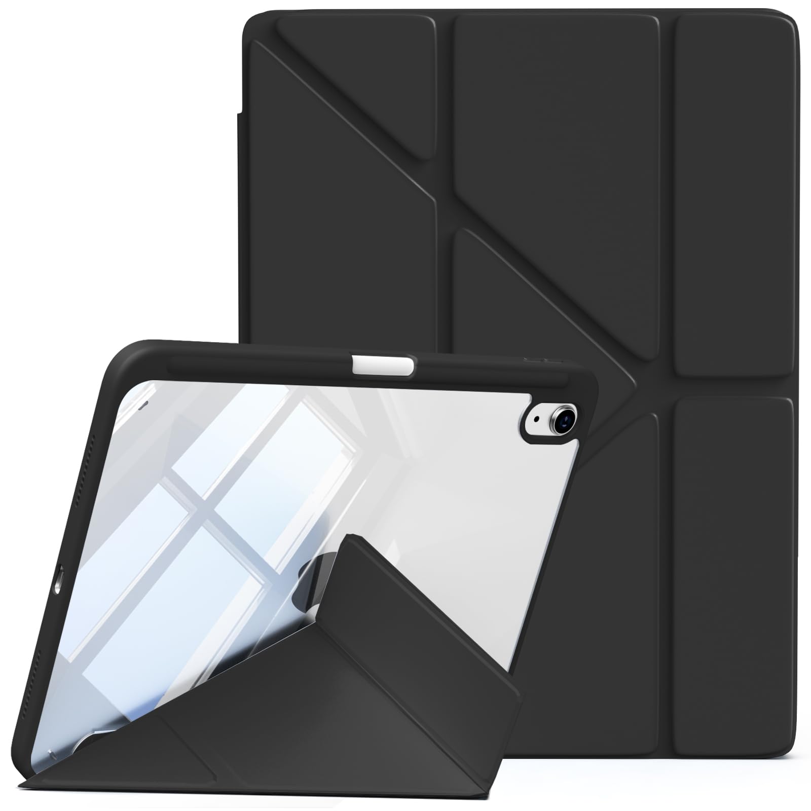 Lsmmpoba iPad 11世代 (A16) 10世代 ケース 2025、2022 11/10.9 インチ 第10世代 透明バックカバー ペン収納 多機能スタンド スリープ機能 軽量 薄型 傷つけ防止 TPU裏全透明 PU合成レザー ブラック