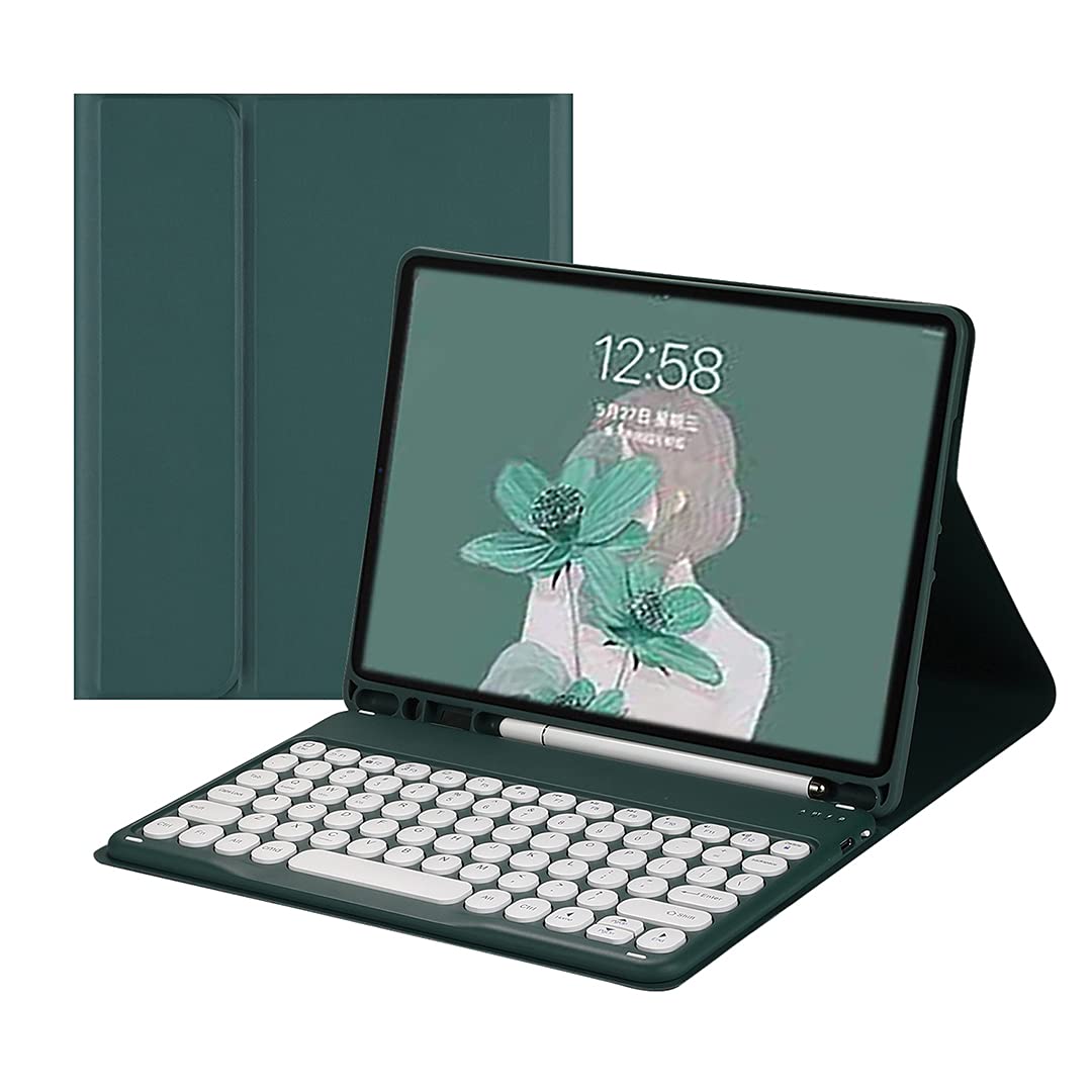 iPad9.7鍵盤入れもの iPad第5/6時人/Pro9.7/Air2/Air兼用bluetooth鍵盤付き添い人入れもの 懸け隔てる式 丸型足懸かり 鉛筆納める 全面保護すること 濃縮された緑