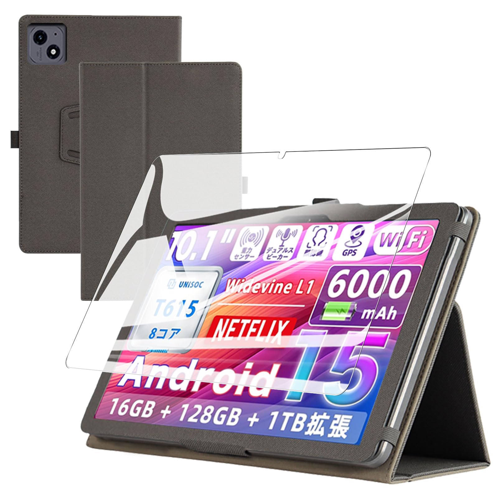 For Tabtop A60 ケース フィルム セット Tabtop タブレット 10.1インチ 保護ケース ガラスフィルム 軽量 カバー 角度調整 上質PU製 全方位カバー 耐衝撃 【ブラック】+保護フィルム1枚