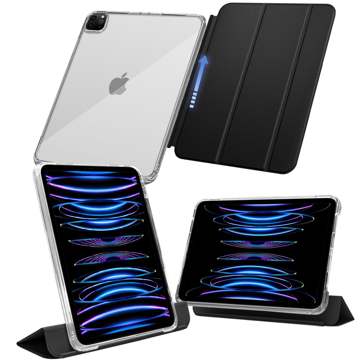 MS factory iPad Pro 11インチ ケース 第4/3/2世代 用 2022 2021 2020 取り外し可能 軽量 耐衝撃 カバー 縦置き/横置きスタンド Pro 11 第4世代 第3世代 第2世代 ソフトフレーム 背面透明 リッチブラック 黒
