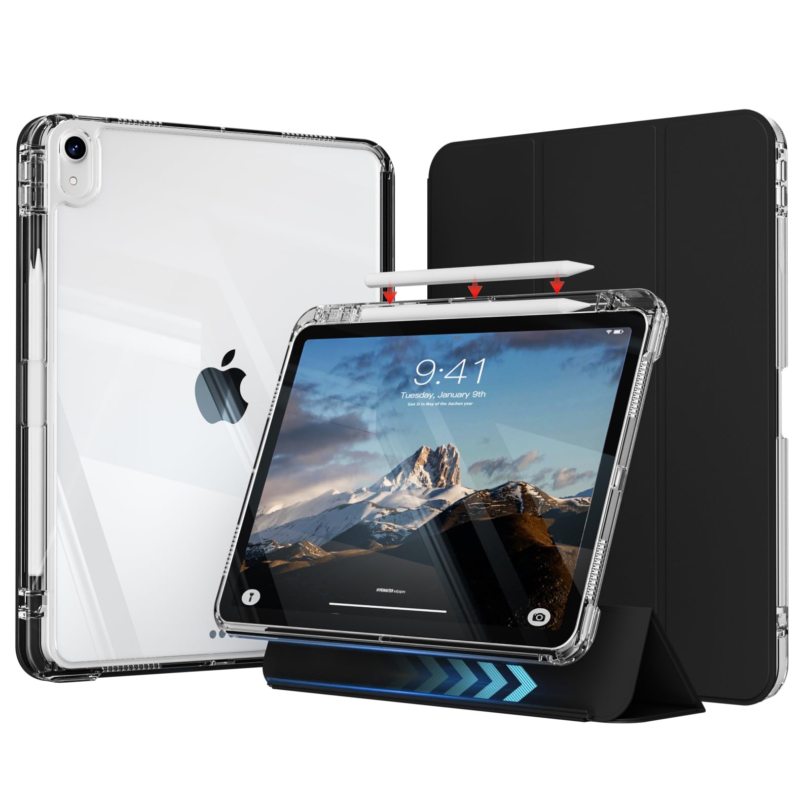 KVTVOU iPad Air 11インチ M3/M2 ケース 2025/2024 iPad Air 5世代/4世代 分離式 ケース 取り外し可能 PC 透明 クリア 縦置き/横置きスタンド ペンシル収納可能 オートスリープ 軽量 薄型 耐衝撃 iPad air 5/4