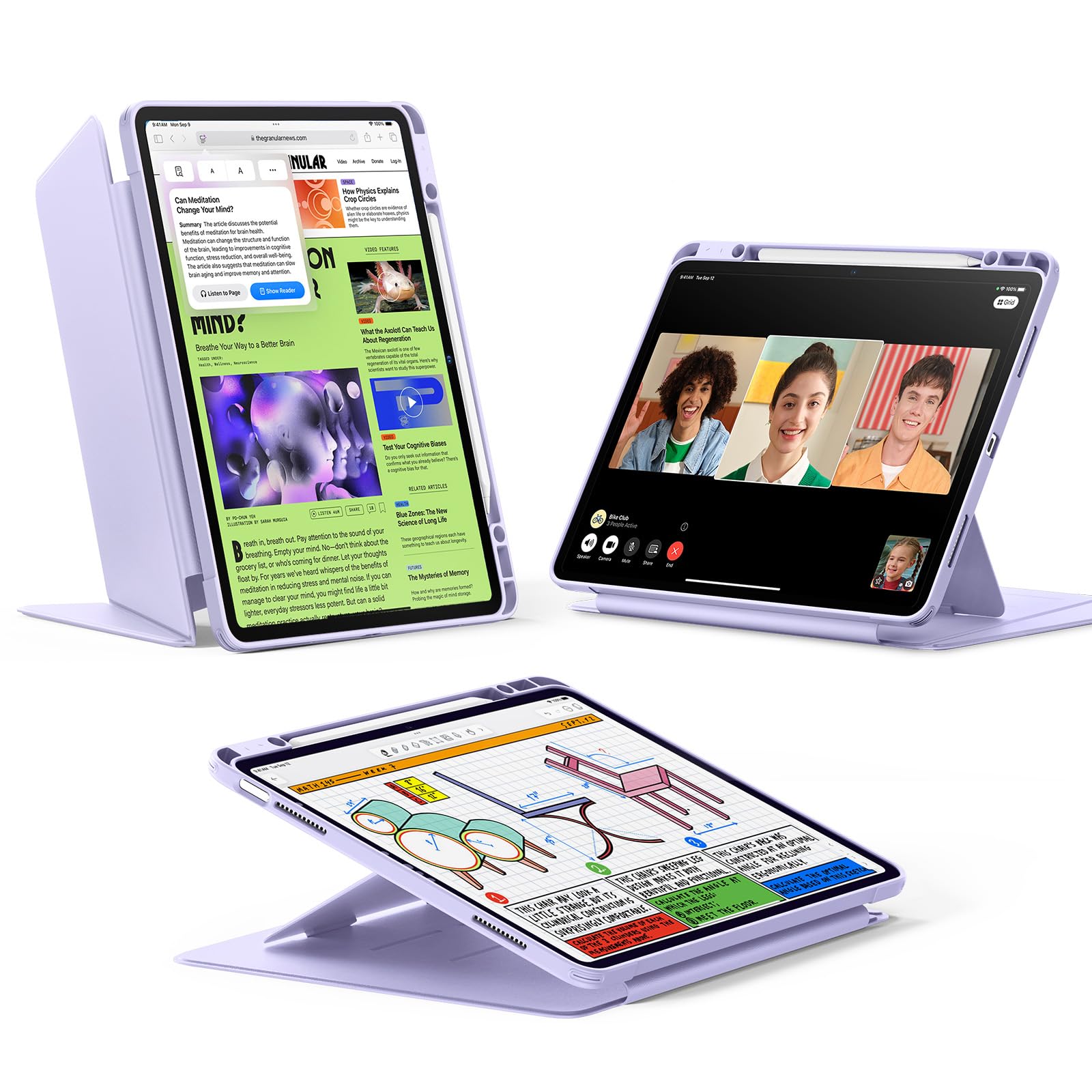 ESR iPad Air 13in 容れもの (M3/M2、2025/2024) 書きもの納める 耐衝撃 縦横照明ランプ 自動小銃ウェイク/静止状態 Pencil Pro/USB-C相応う マルチアングルケース Flipつづき物 パープル