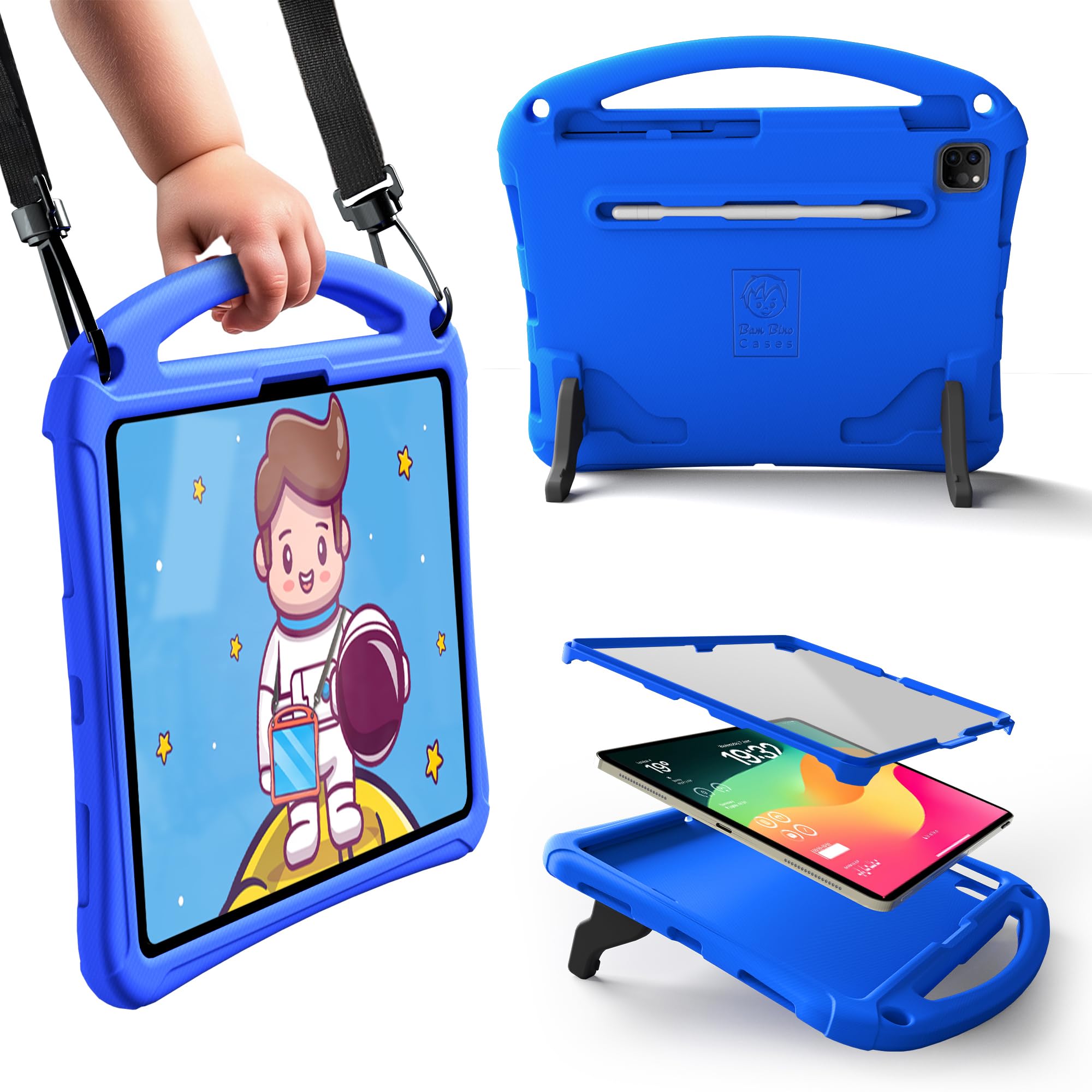 Bam Bino Space Suit 耐久性 のキッズ用ケース iPad Air 11 M2/M3 (2025), Pro 11 M4 (2024), iPad 10世代用 ? 内蔵スクリーンプロテクター、ハンドル、スタンド、ショルダーストラップ付き（ブルー）
