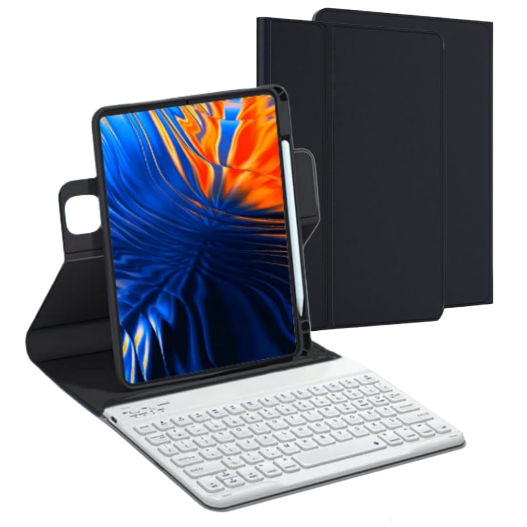 縦置き iPad A16 第11世代/10世代 キーボード ケース 360度回転 透明 分離式 マグネットス iPad 10/iPad 11 キーボード付きタブレットケース 丸いキー 球状くぼみ ペンシルホルダー付き，縦置き-黒+