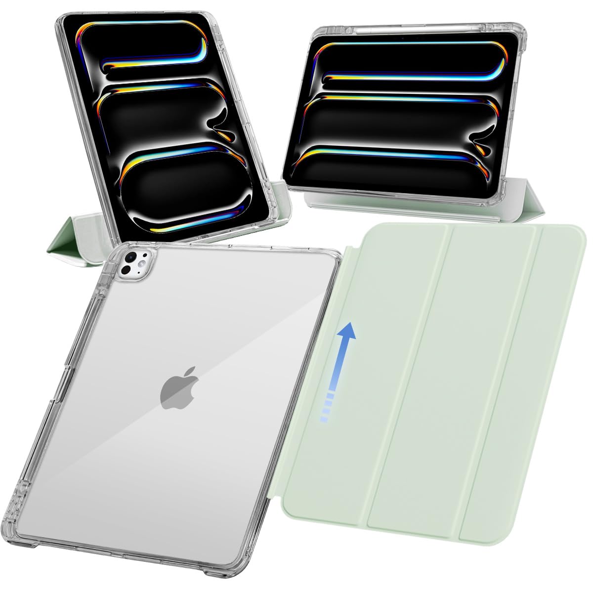 MS factory iPad Pro 13インチ ケース M4 2024 用 ペン収納 取り外し可能 軽量 耐衝撃 カバー 縦置き/横置きスタンド Pro 13 M4 ケース ソフトフレーム 背面透明 アイスグリーン 緑 IPDP13m4-SLDPEN-IGR