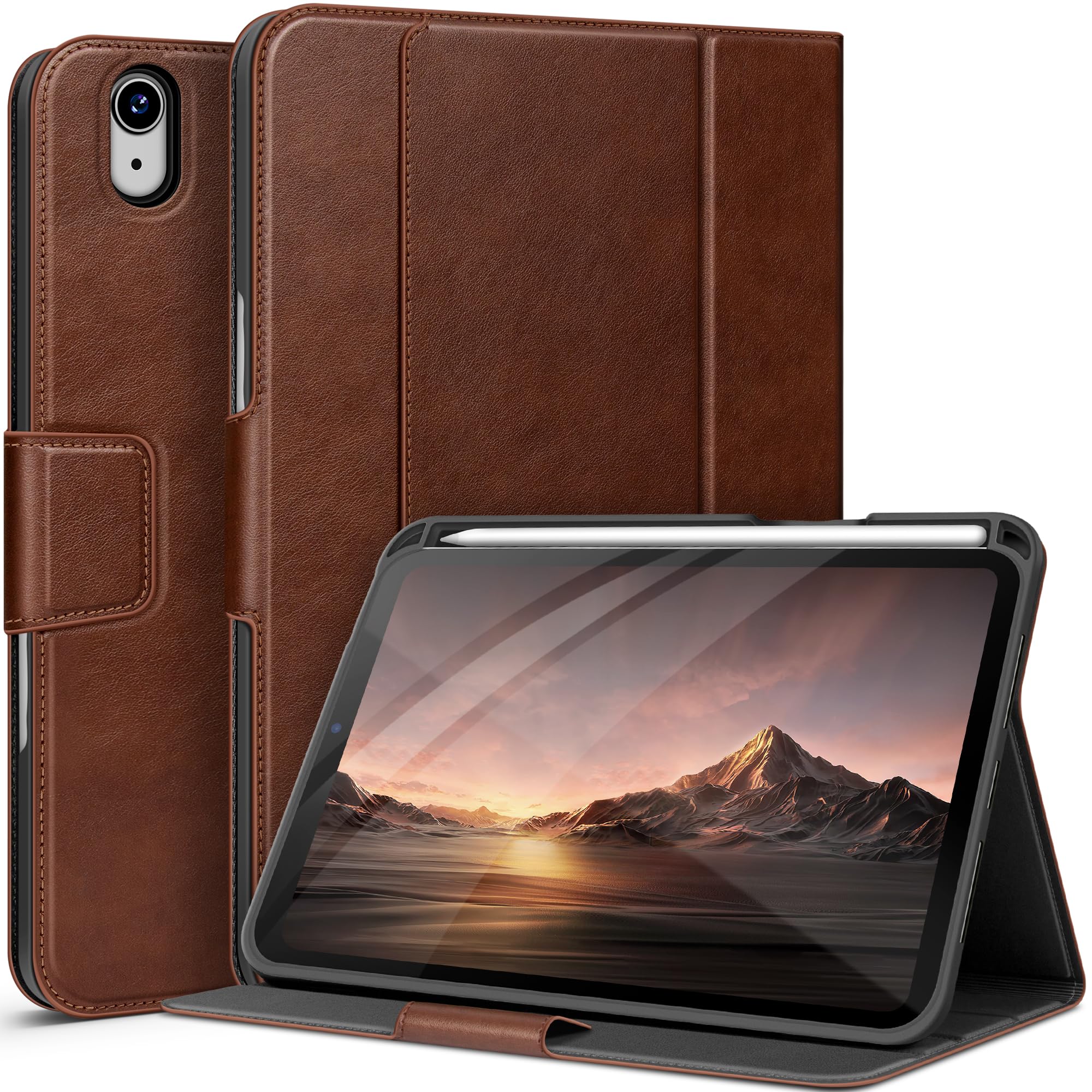 auaua iPad Mini7 ケース (A17 Pro, 2024, 第7世代) iPad mini6 ケース (2021, 第6世代) 8.3インチ Pencilホルダーとポケット付き 多角度スタンド マグネット開閉 オートスリープ対応 (ブラウン)