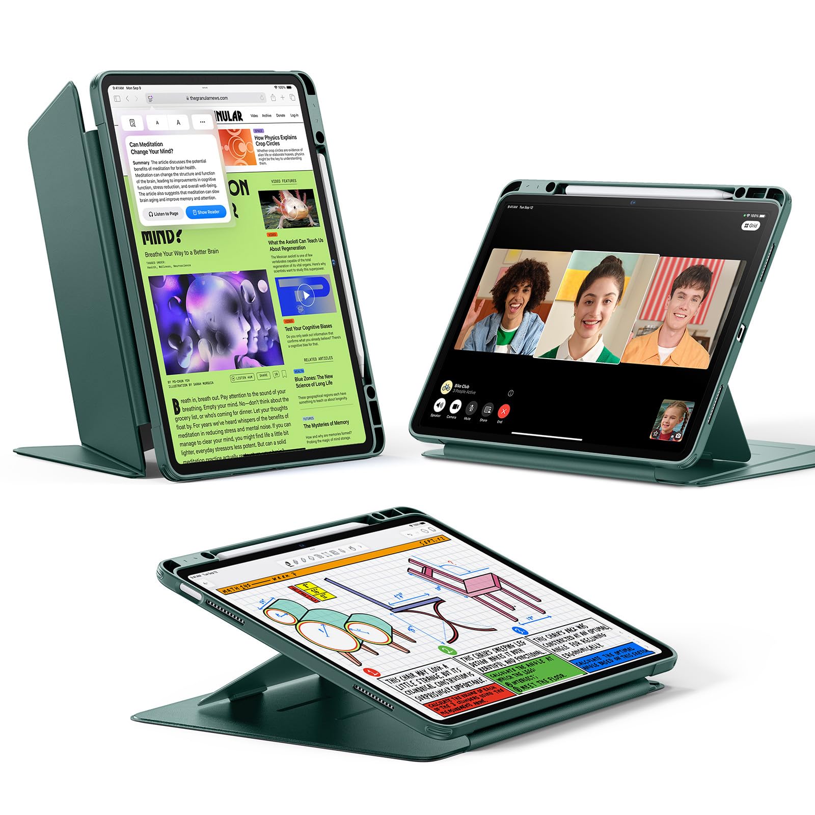 ESR iPad Air 13in 容れもの (M3/M2、2025/2024) 書きもの納める 耐衝撃 縦横照明ランプ 自動小銃ウェイク/静止状態 Pencil Pro/USB-C相応う マルチアングルケース Flipつづき物 緑であること