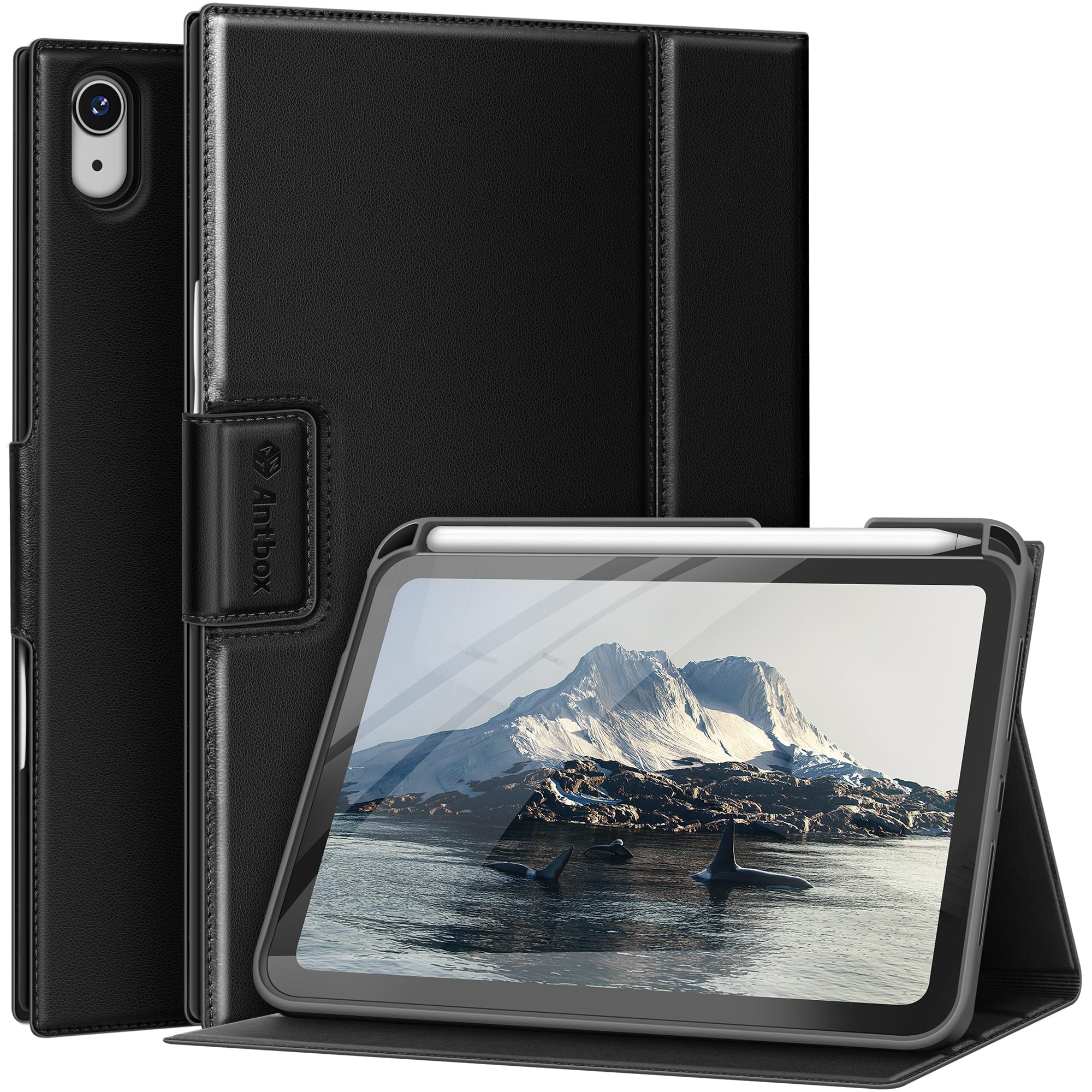 Antbox iPad Mini 7 A17 Pro用ケース iPad Mini 第7世代/第6世代ケース(2024/2021) ペンホルダー付き 高級PUレザー オートスリープ＆スタンド機能付き 全面保護 防衝撃デザイン (ブラック)