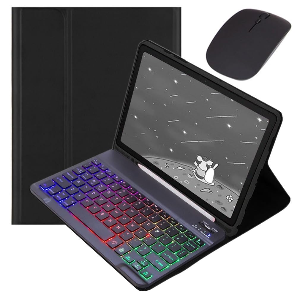 カラフルバックライト Galaxy Tab S9 FE+ 12.4インチ/Tab S10/S9+/S8+/S7+/S7 FE 12.4" キーボードケース マウス付き お洒落 可愛い バックライトキーボード ケース 分離式 女性 学生 ビジネス,黒+黒｜T.M.Bストア