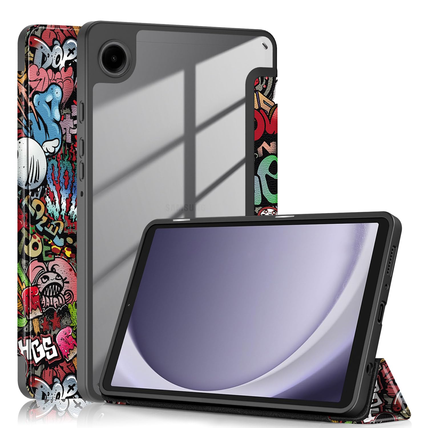 Galaxy Tab A9 8.7インチ ケース 背面透明 クリア イラスト 印刷 プリント ギャラクシー Tab A9 カバー 透明ケース クリアケース 三つ折りスタンド オートスリープ機能 耐衝撃 軽量 お洒落,落書き