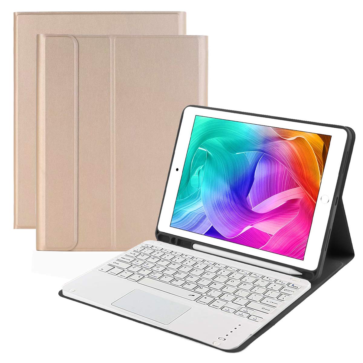 iPad9.7 キーボードケース ipad 6/ipad 5/pro9.7/air2/air 兼用bluetoothキーボードカバー 脱着式 タッチパッド搭載 スタンド機能 ペンシル収納 全面保護 ゴールド｜T.M.Bストア