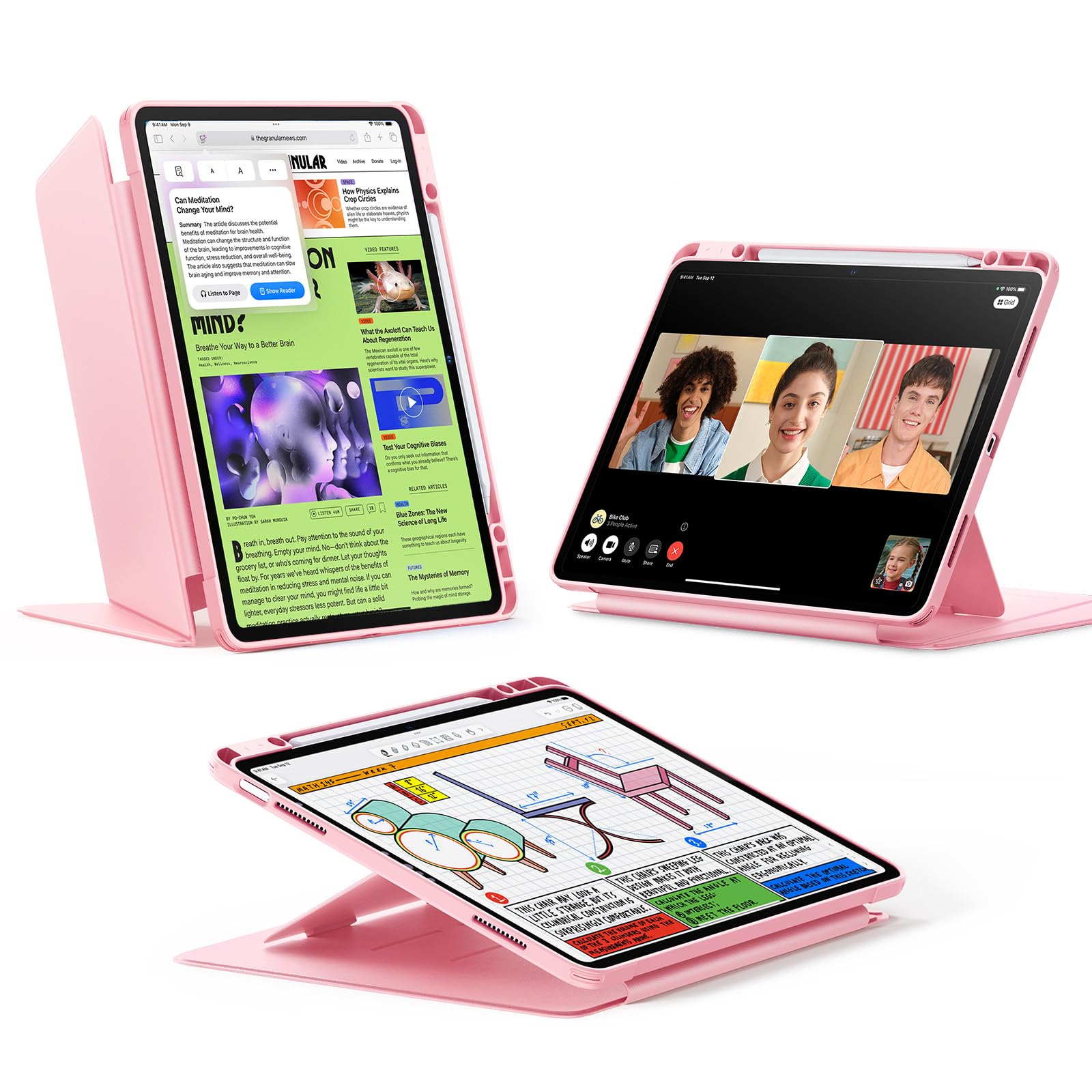 ESR iPad Air 13in 容れもの (M3/M2、2025/2024) 書きもの納める 耐衝撃 縦横照明ランプ 自動小銃ウェイク/静止状態 Pencil Pro/USB-C相応う マルチアングルケース Flipつづき物 サクラ色