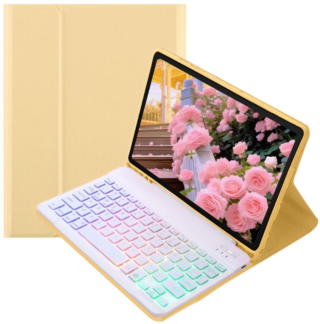 カラフルバックライト付き iPad 9.7インチ iPad 第6/5世代 Air Air2 iPadPro9.7 キーボードケース お洒落 可愛い バックライトキーボード ケース マグネット分離式 光るキーボード 学生 ビジネス,黄色