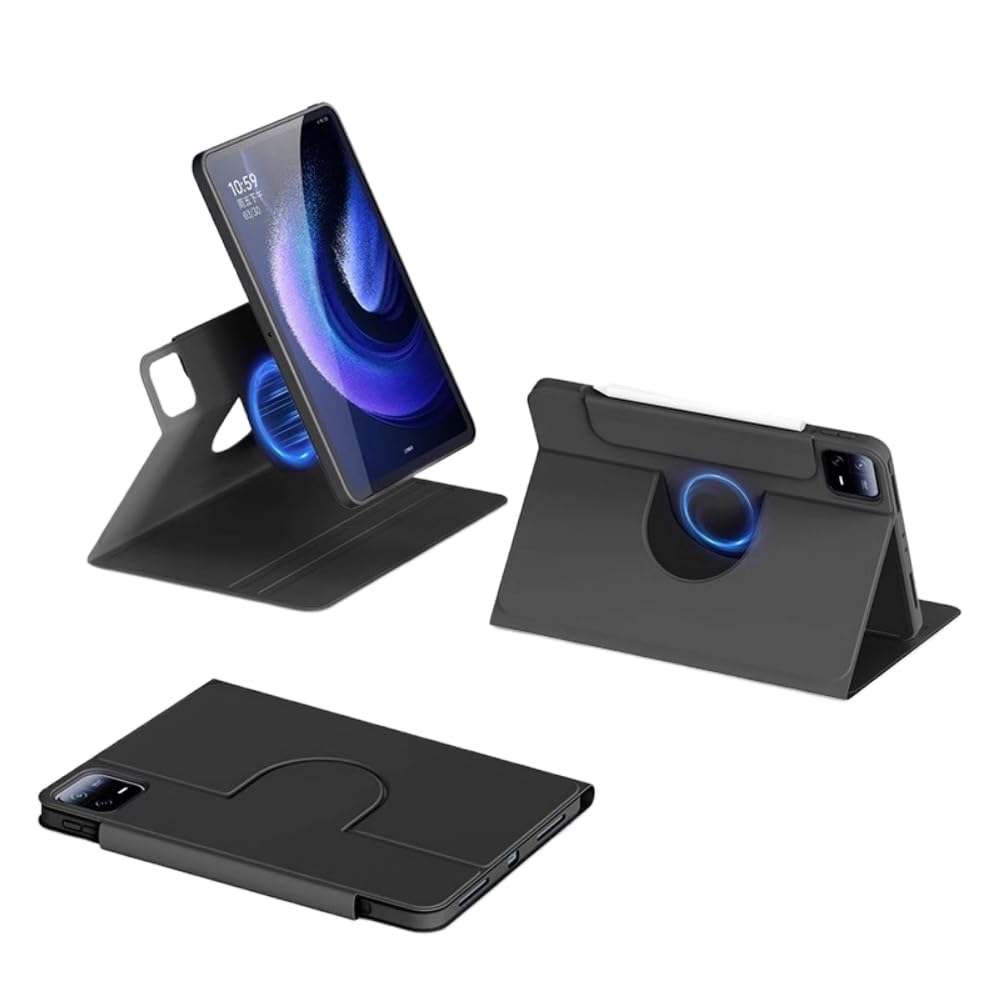 360度回転させる Xiaomi Pad 6S Pro 12.4in経口避妊薬容れもの 磁気ねばり着く 分け隔てる式 縦置き 照明ランプ 取りはずし能力のある PUなめし革 シャオミ Pad 6S Pro 容れもの取りまかなう Android 経口避妊薬容れもの，黒
