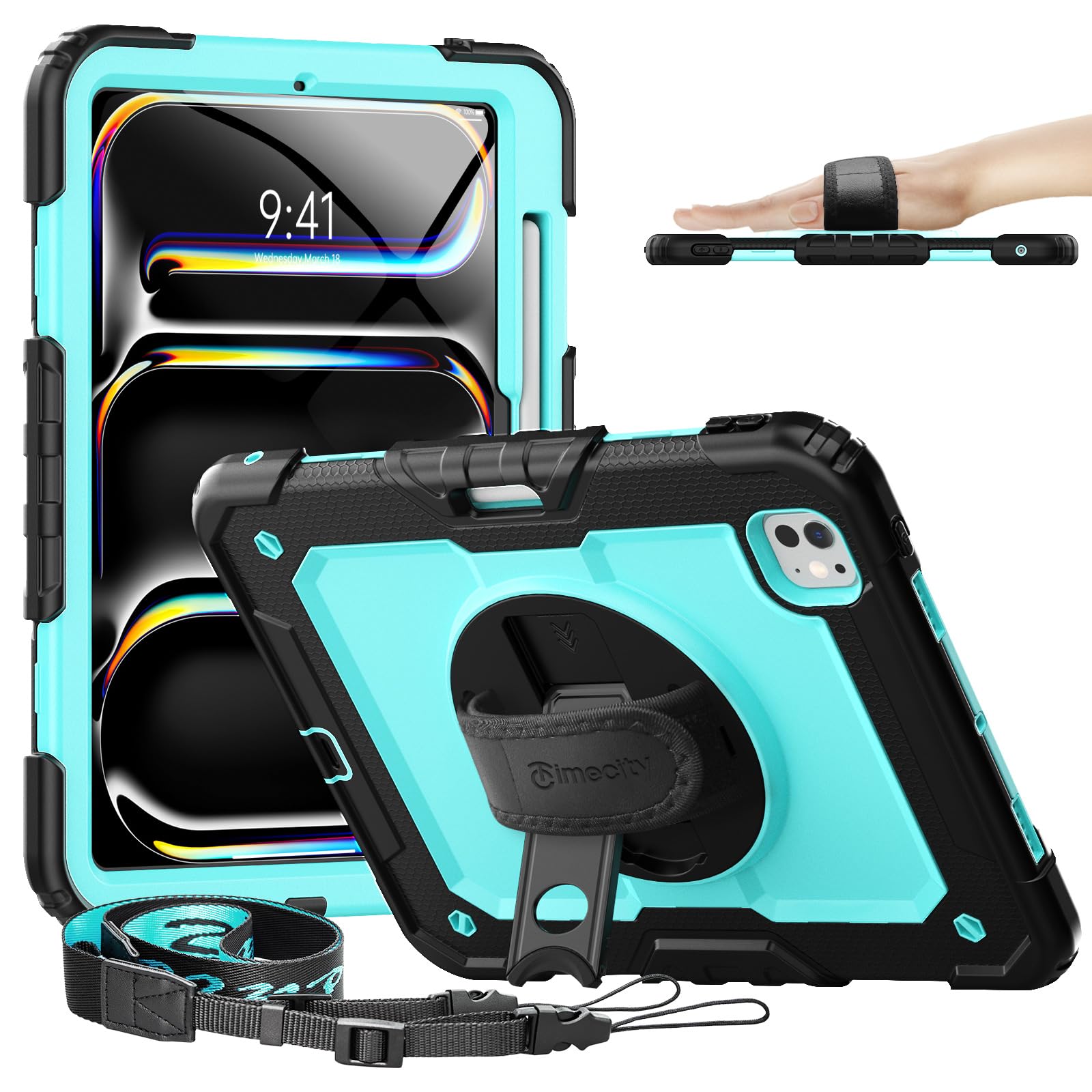 Timecity iPad Pro 11インチ ケース (第5世代) 2024新モデル 三層保護 耐衝撃 360°スタンド 画面フィルム ペン収納付き Pencil対応 横置き 縦置き バンド&ショルダー ストラップ 肩掛け 首掛け 現場 防|T.M.Bストア