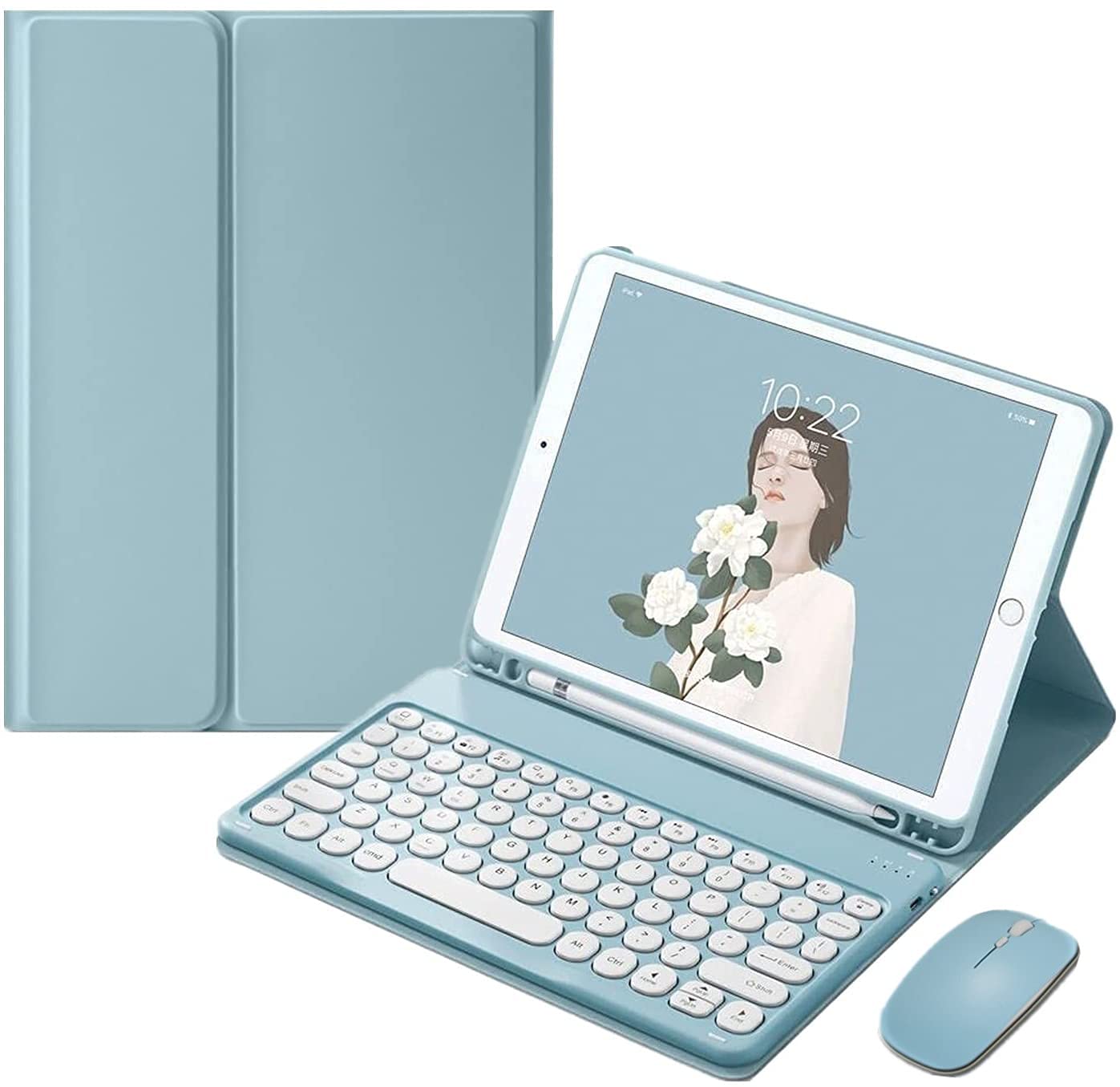 iPad Air 11インチ (M3/M2) キーボードケース マウス付き 可愛い iPadAir4 iPadAir5 10.9インチ キーボード 丸型キー 2色配色 カラーキーボード レディース 分離式 ペンシル収納 女性向け (ブルー)
