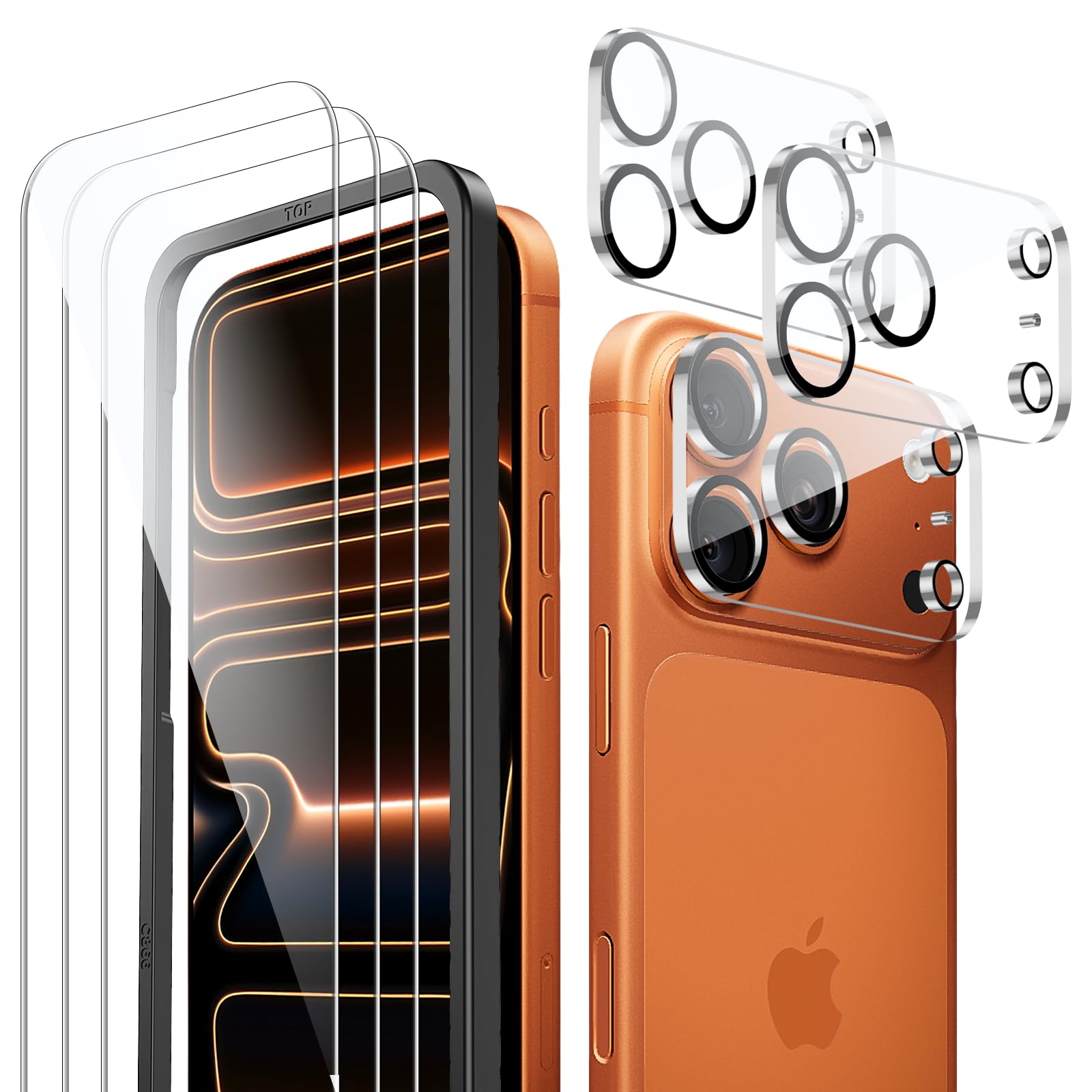 【6枚入り】対応 iPhone 17 Pro ガラスフィルム (3枚)＋iPhone17 Pro カメラフィルム(3枚)+ ガイド枠 (6.3インチ)【旭硝子素材製】 硬度9H耐衝撃 飛散防止 指紋防止 撥水撥油 高透過率 自?吸着