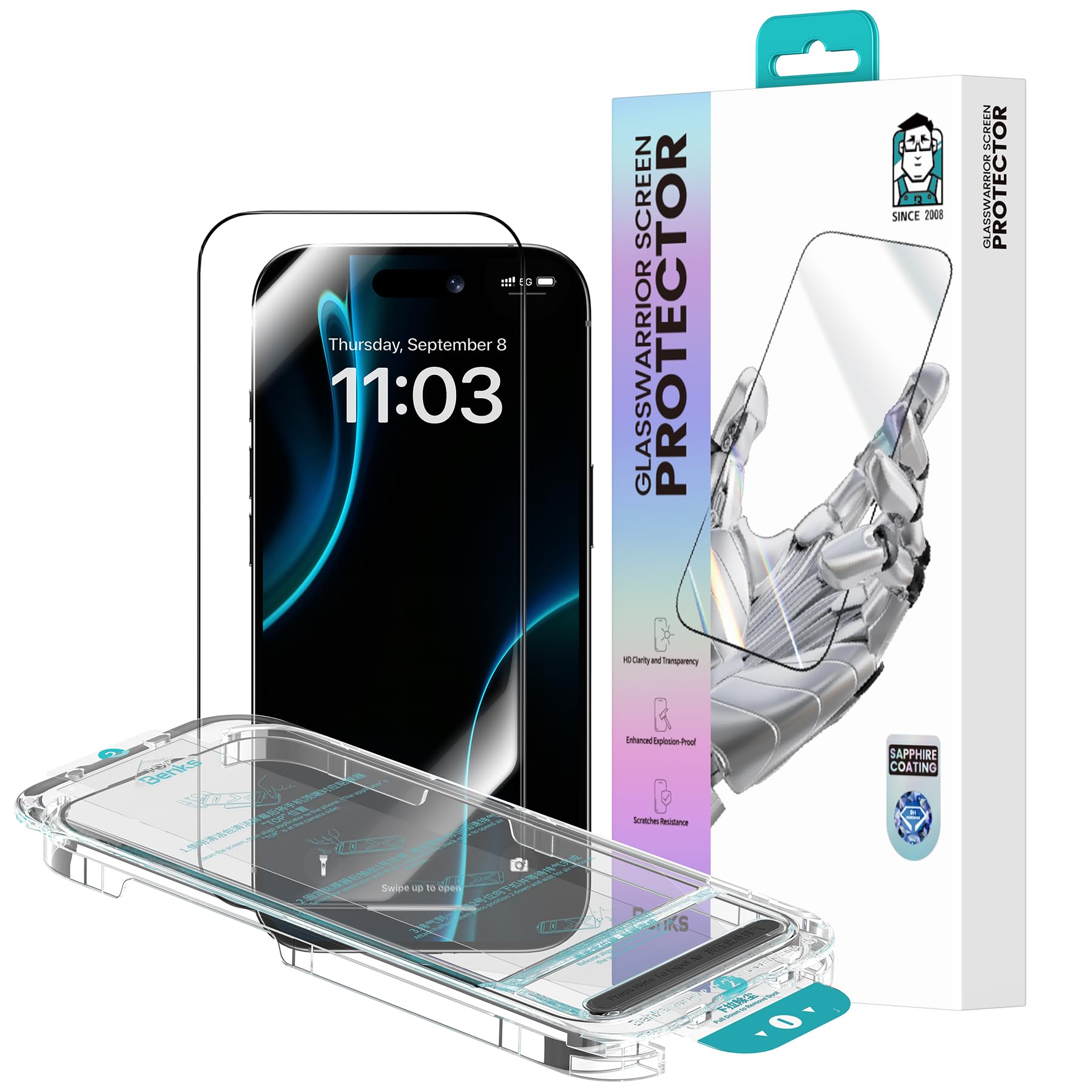BENKS iPhone 17 Pro用 保護フィルム GlassWarrior サファイアコーティング 強化ガラスフィルム 米軍MIL規格 耐衝撃 耐傷 9H硬度 衝撃吸収 厚さ0.3mm超薄型 高透過率 クリア画面 指紋防止 フルカバー 高