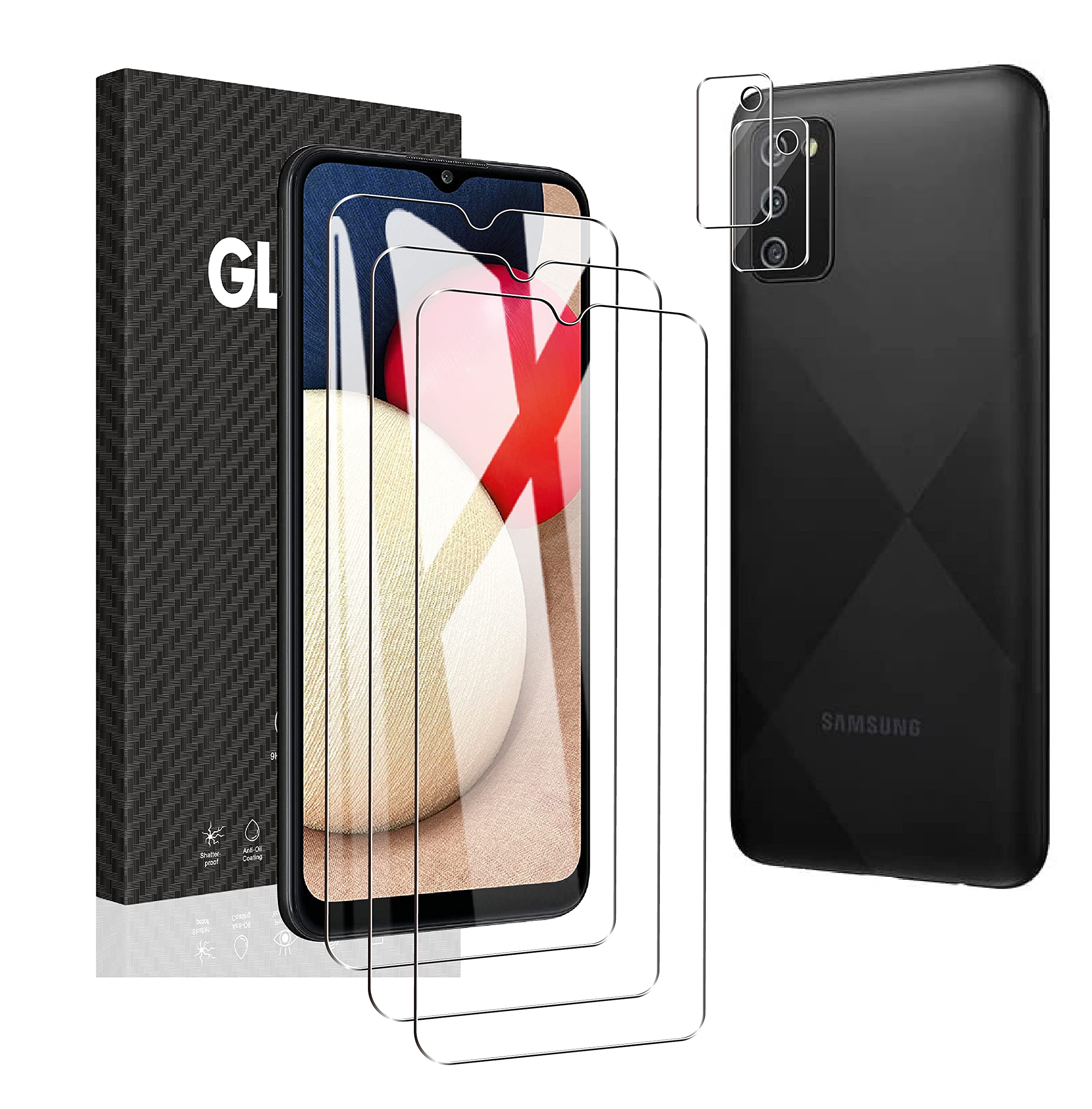 Seninhi Galaxy A02S用強化ガラス[スクリーンプロテクターX2] [カメラレンズプロテクターX2] HDクリア傷防止バブルフリー [ドッキング中に機能] - 厚さ0.3mm 気泡フリー ウルトラクリア9H 傷防止 飛散