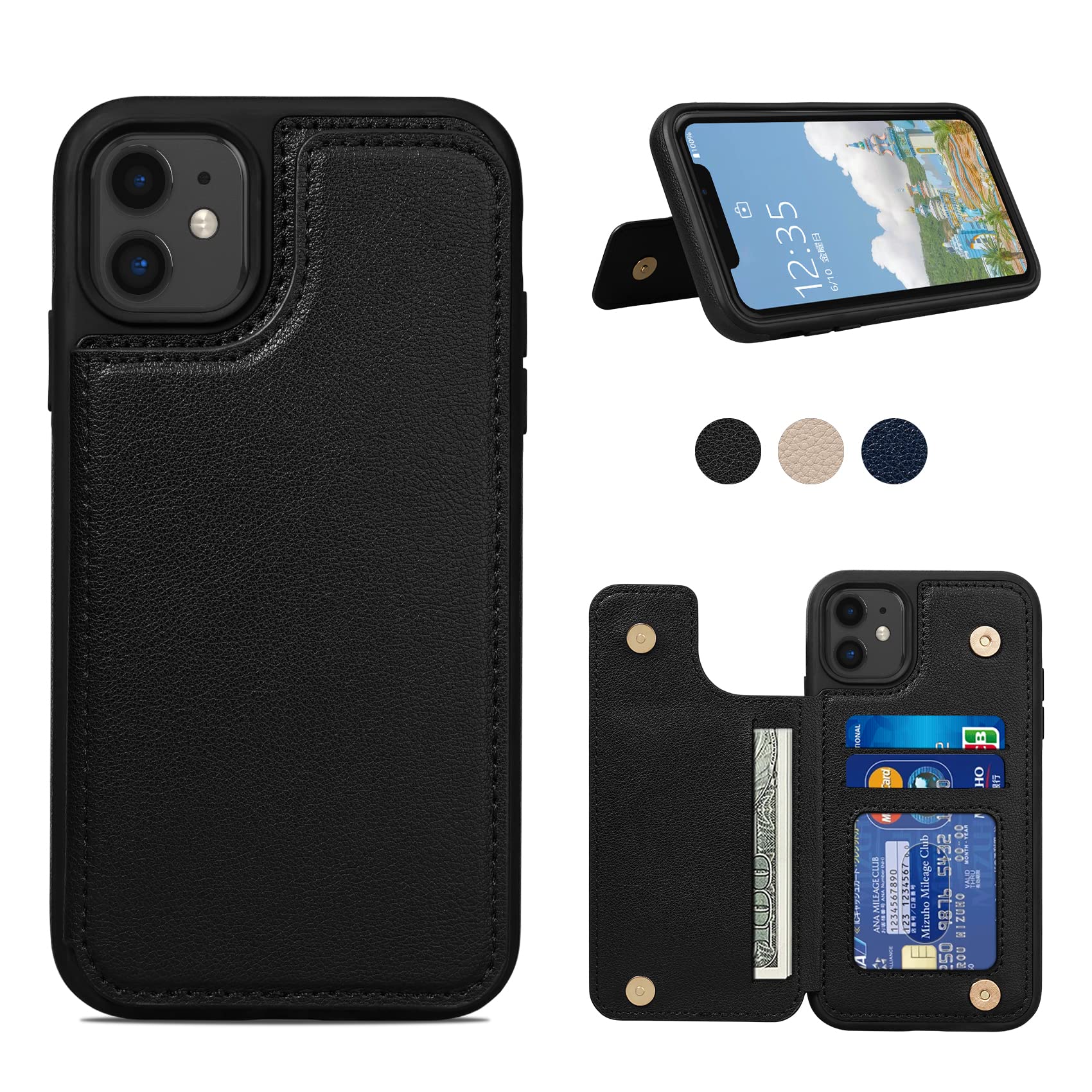 Shlybaay iPhone 11 ケース 背面 手帳型 iPhone11 カード 手帳型ケース カバー アイホン 11 スマホケース カード収納 プレゼント おしゃれ ファッション 便利 多機能 6.1inch対応 T1 ブラック