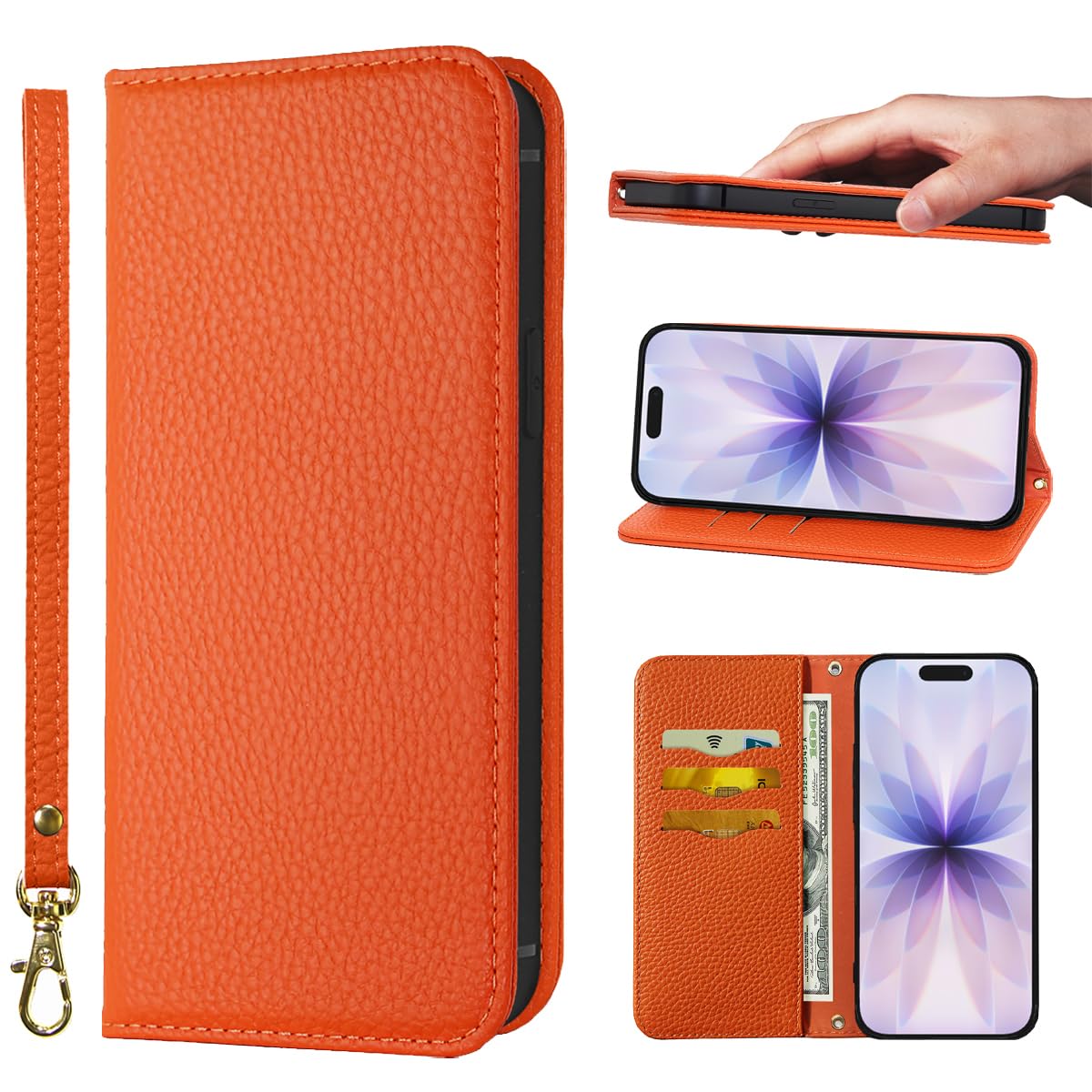 NanHou For iPhone 17 ケース 手帳型 超繊皮カバー 手帳型 耐衝撃 保護カバー 内蔵マグネット RFIDト 財布型 携帯カバー カードポケット スタンド機能 リストバンド に適した アイフォン 17 - オレン