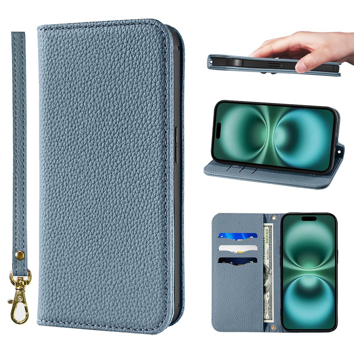 NanHou For 適用する iPhone 16 Plus ケース 手帳型 超繊皮カバー 手帳型 耐衝撃 保護カバー 内蔵マグネット RFIDト 財布型 携帯カバー カードポケット スタンド機能 リストバンド に適した アイフォ