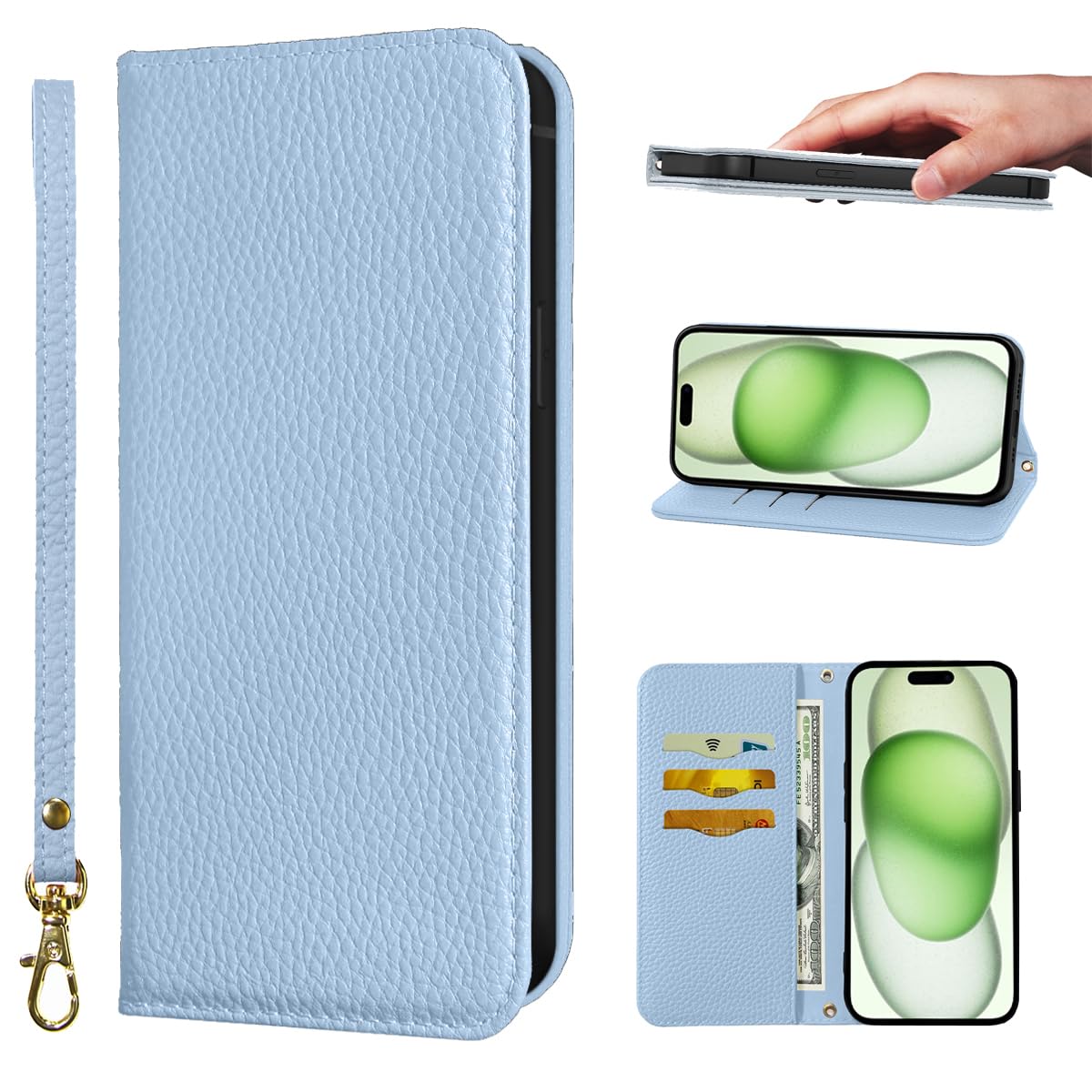 NanHou For 適用する iPhone 15 Plus ケース 手帳型 超繊皮カバー 手帳型 耐衝撃 保護カバー 内蔵マグネット RFIDト 財布型 携帯カバー カードポケット スタンド機能 リストバンド に適した アイフォ