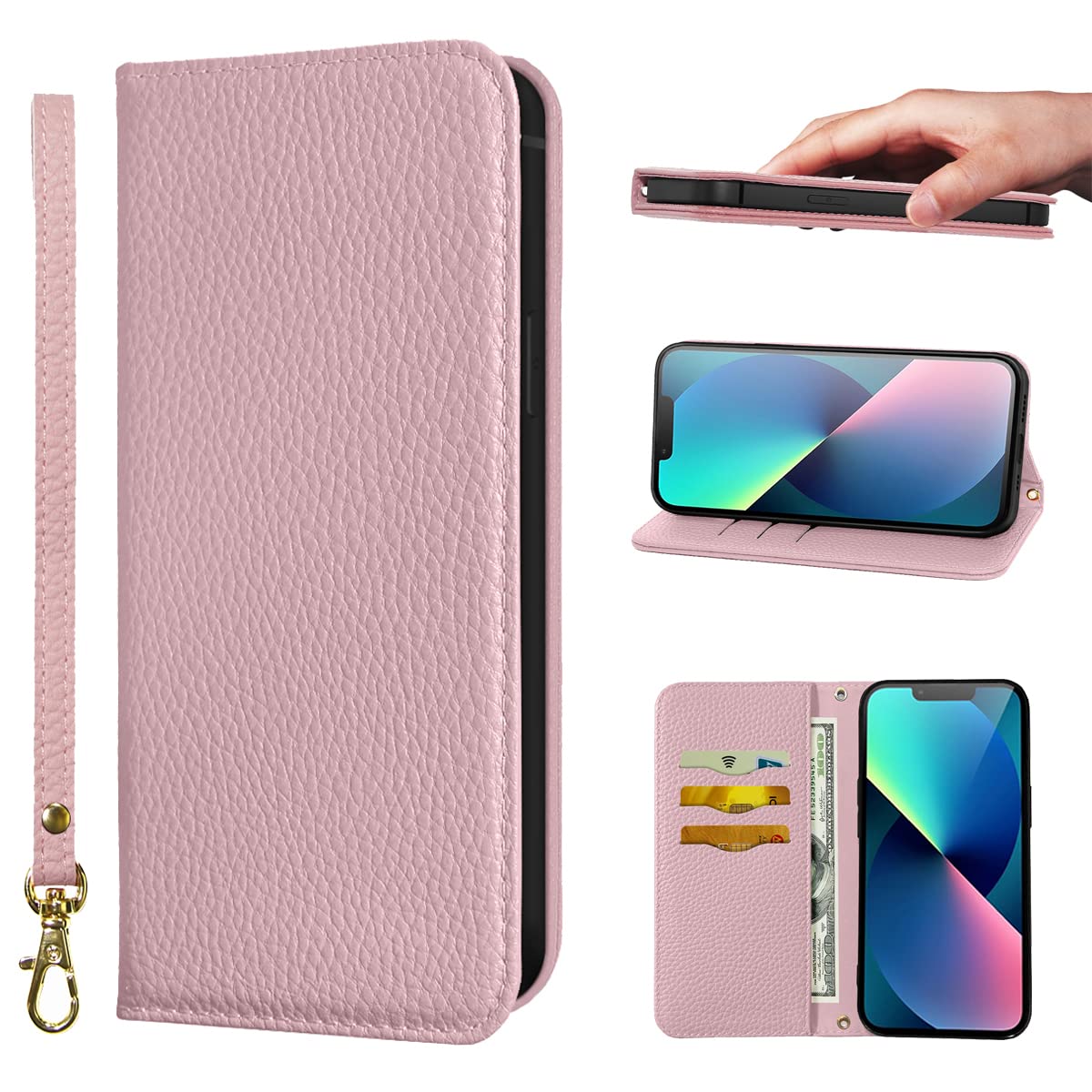 iPhone 13 ケース 手帳型 超繊皮カバー 手帳型 耐衝撃 保護カバー 内蔵マグネット 財布型 携帯カバー カードポケット スタンド機能 リストバンド NanHou - ピンク