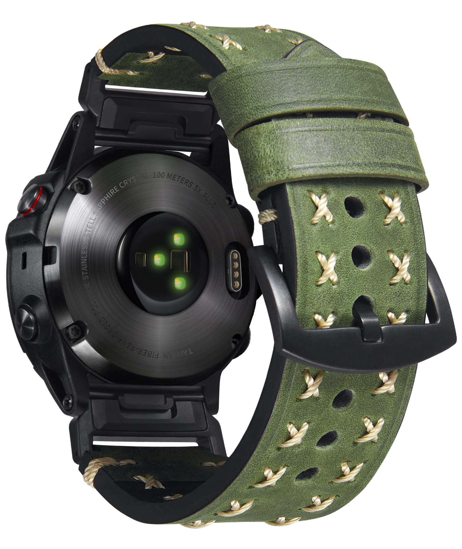 コンパチブルガーミン 時計バンド 22mm 26mm コンパチブルGARMIN 本革時計ベルト互?Fenix/互?Forerunner互?Enduro互?Descent 手首の大きな男性用 チャンキーなレザーストラップ(グリーン,22mm)
