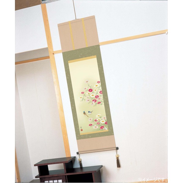 【花掛軸】【四季掛軸】秋の掛軸・コスモス掛軸・秋桜と赤とんぼ■浮田秋水掛軸(尺三)「秋桜」