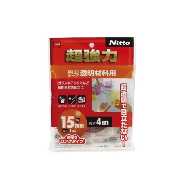 (まとめ) ニトムズ 超強力両面テープ 透明材料用 15mm×4m T4612 1巻