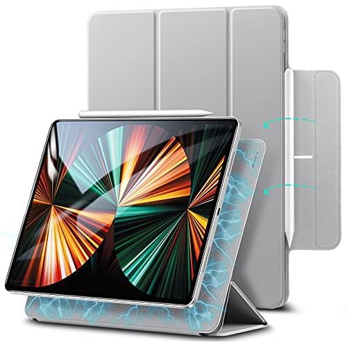 ESR iPad Pro 12.9 ケース 第五世代 5G 2021年モデル 磁気吸着 Apple Pencilのペアリングと充電に対応 オートスリープ ウェイク スリム 軽量 シルク手触り 高級感 三つ折りスタンド ... グレー