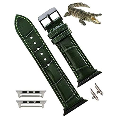 手作りのクロコダイル革時計ベルト対応 Apple Watch アップルウォッチ バンド 38mm 40mm 42mm 44mm Series 6 5 4 3 2 1 AW-08-DE-LL 42mm/44mm クロコの緑ベルト
