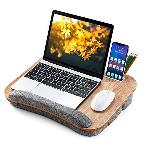 膝上テーブル Ohuhu クッションテーブル マウス使用可能 ノートパソコン用ラップデスク 15.6インチまで対応 7.5cm〜16.5cm高度調節可能 軽量 タブレット用ラップテーブル テーブルクッション 車の中 自宅 オフィス(木の色)
