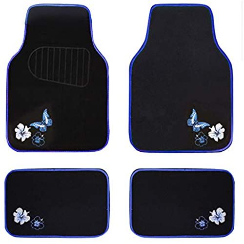 CAR PASS ユニバーサルフィット刺繍蝶とフラワーカーフロアマット、SUV用ユニバーサルフィット、トラック、セダン、バン、4個セット (青い)画像