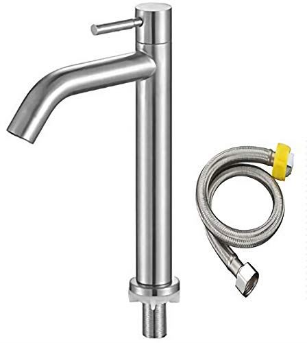 bath&bath 洗面用 シングルレバー 単水栓 ステンレス製 ロング水栓 蛇口 立水栓 洗面 手洗いボウル (A型 高さ185mm 単水栓＋50cmホース)