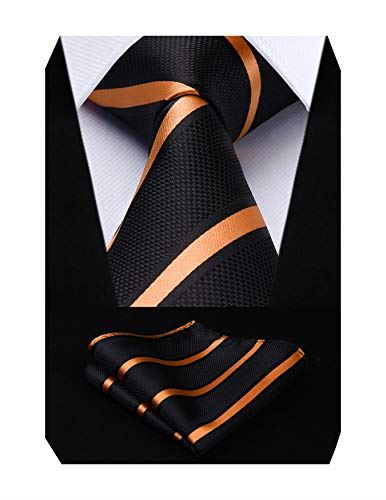 ネクタイ ノーアイロン 8.5cm 厚手 チーフ贈り シルク３０％ チェック/ストライプ/ドット/ペイズリー 25色/柄 Free Size 21黒/オレンジ（ストライプ）