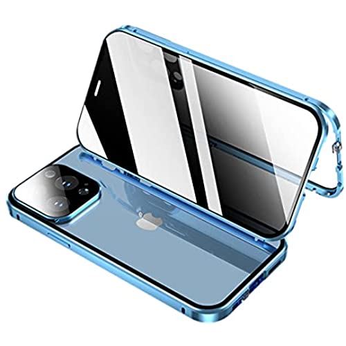 覗き見防止 iPhone 13 Pro max ケース ロック式 磁気止め式 両面ガラス アルミ合金 バンパー レンズ保護カバー付き 360°全面保護 アイフォンケース 背面透明カバー 強化ガラス マグネット式 耐衝撃 ... iPhone13Promax ブルー